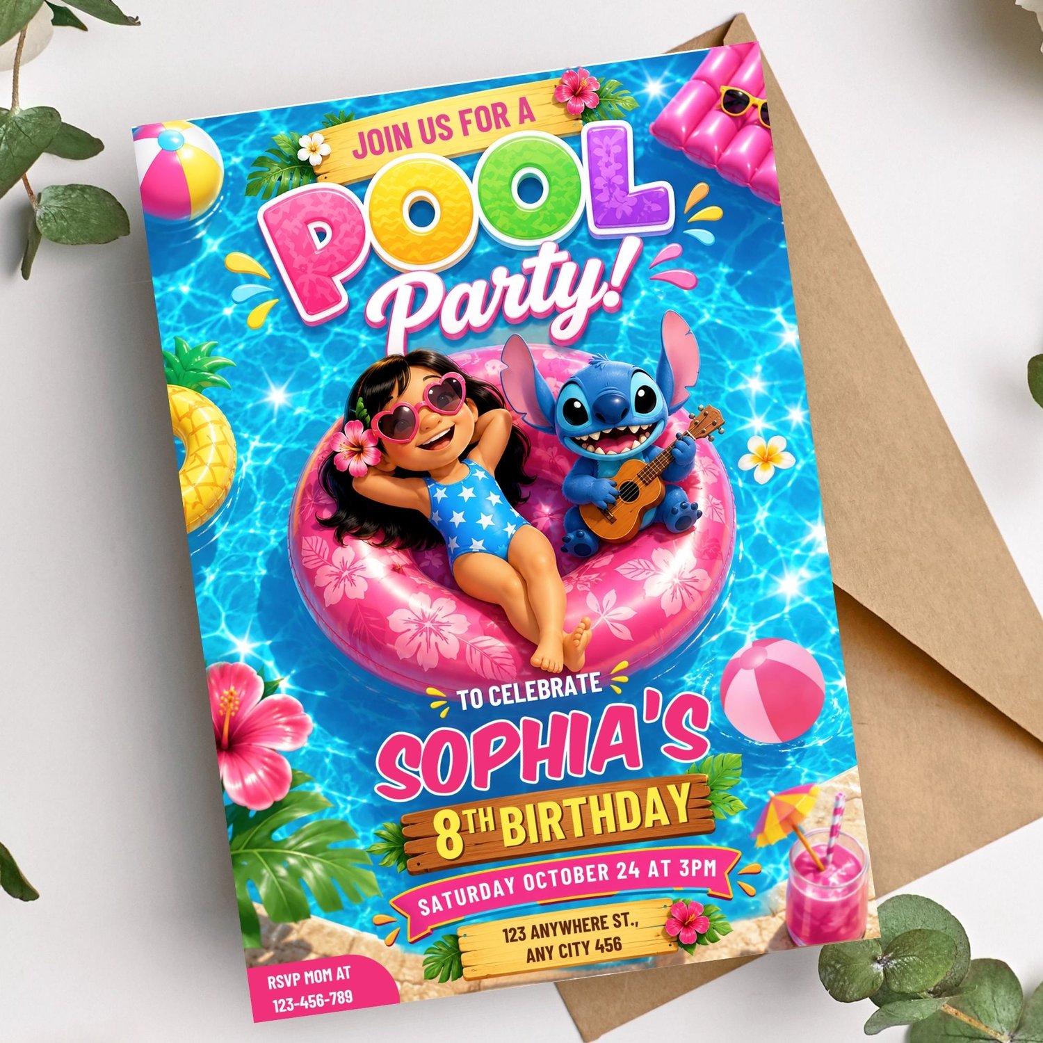 Printable Lilo and Stitch pool party invitation design with tropical flowers, beach-inspired elements, colorful summer birthday party theme, editable template.