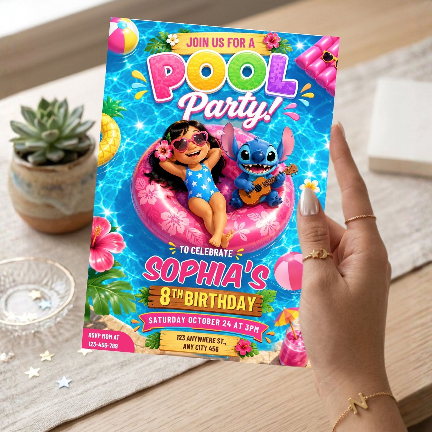 Lilo and Stitch tropical pool party birthday invitation with Hawaiian decorations, summer fun theme, editable digital invite template for kids birthday celebration.