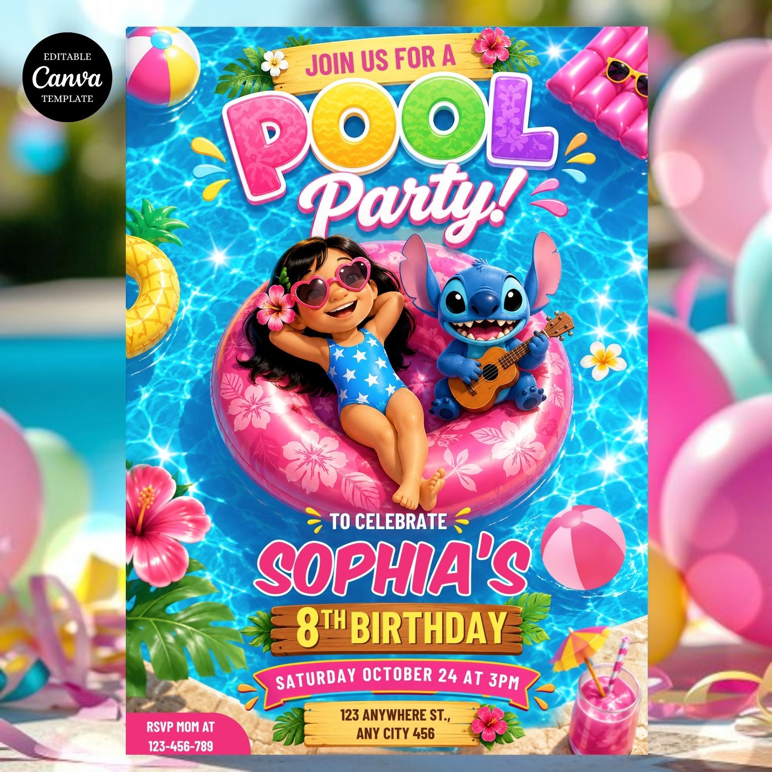 Editable Lilo and Stitch Pool Party Invitation template featuring tropical Hawaiian theme, summer birthday celebration, colorful balloons, palm trees, and customizable party details.