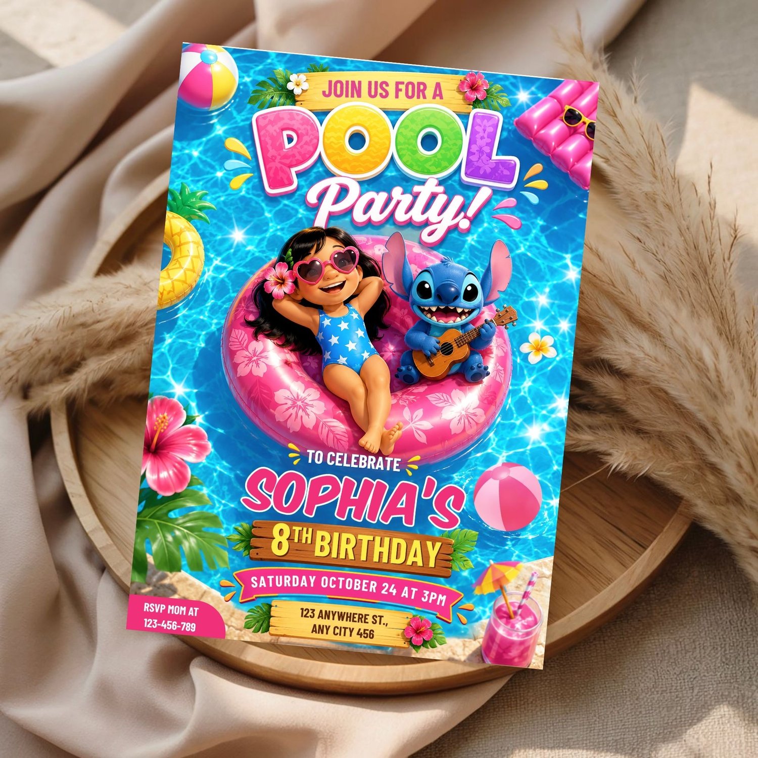 Customizable Lilo and Stitch birthday invitation for pool party celebration featuring Hawaiian tropical artwork, summer party decorations, and editable text.