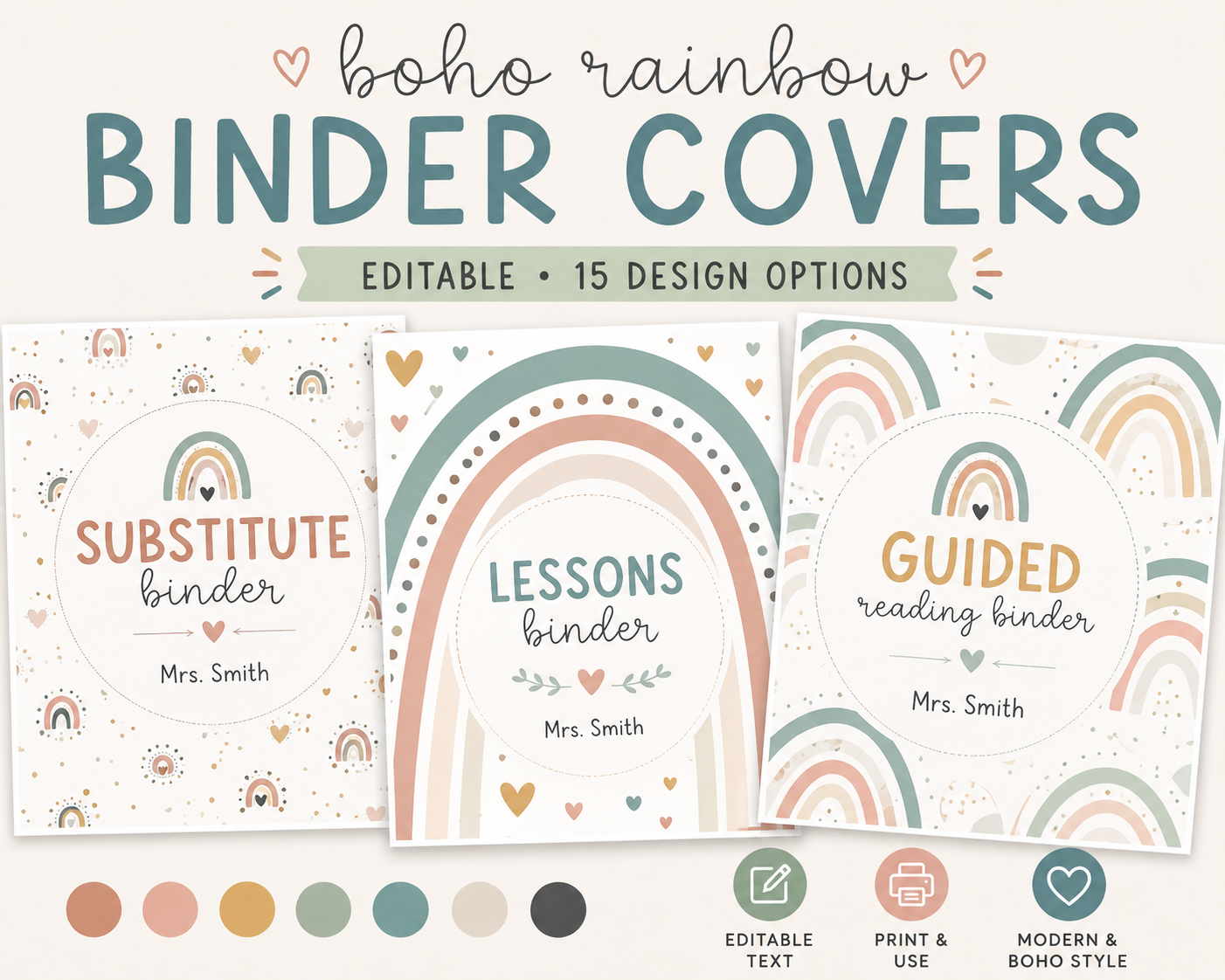 Boho Rainbow Editable Binder Covers | Classroom Organization Templates