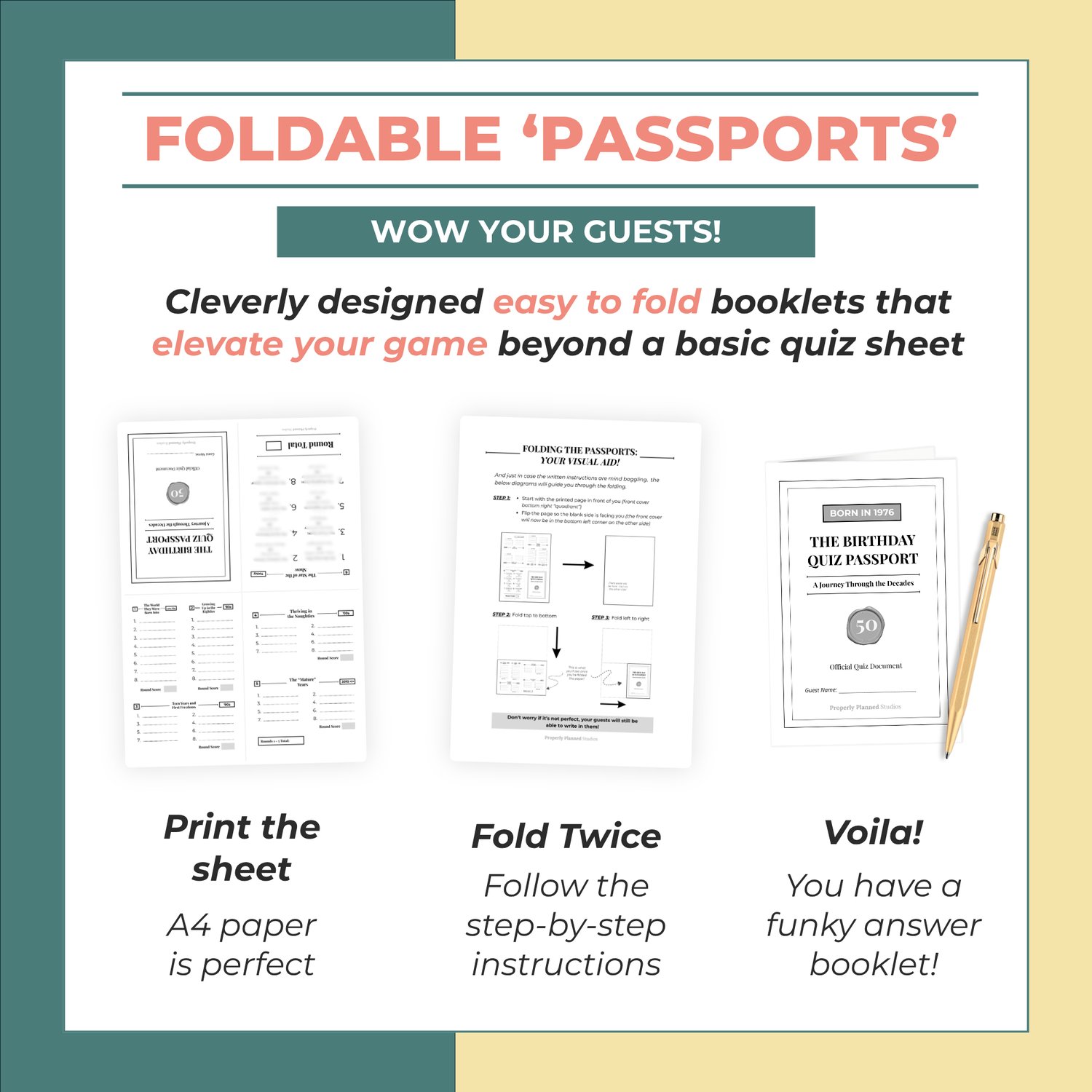 Step by step graphic instructions for a 1976 custom guest passport answer booklet. Text reads Foldable Passports Wow Your Guests. Shows how an A4 paper sheet folds twice into a booklet next to a wooden pencil for a 50th birthday quiz.