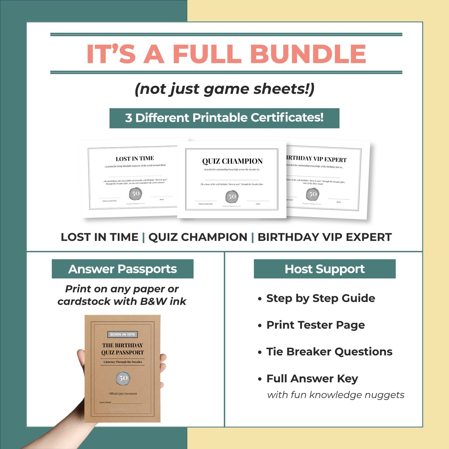 Product layout showing what is included in the 1976 trivia pack. Displays digital pages of award certificates, custom answer passports and host support guides. Yellow headers highlight that it includes a dedicated 1976 birth year round.