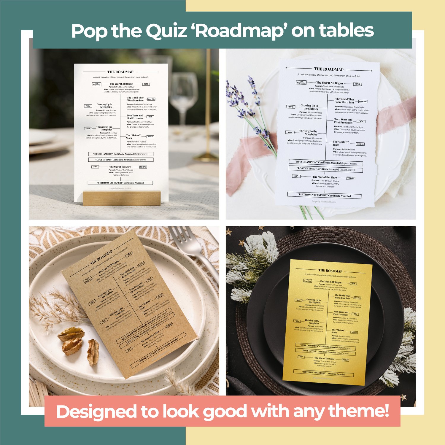 1976 birthday quiz answer booklets in a new green and yellow colourway styled on elegant party dinner table settings. Four grid photos show the 50th party activity printed on kraft paper, plain white sheets and clipboards on modern plates.