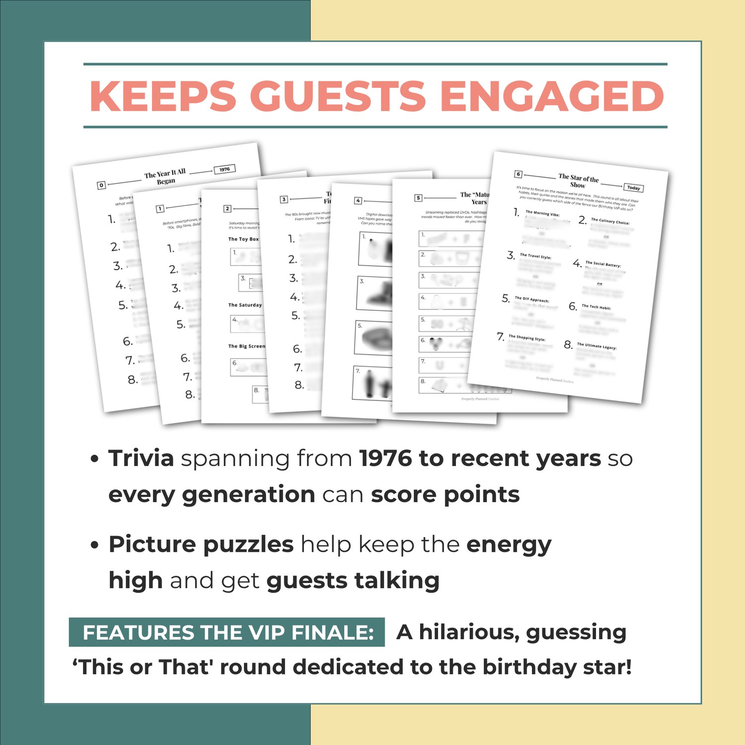 Printable party games sheet layout explaining the born in 1976 trivia rounds. White background with green text detailing the custom 1976 trivia questions, individual decades puzzle rounds and the birthday VIP star of the show finale.