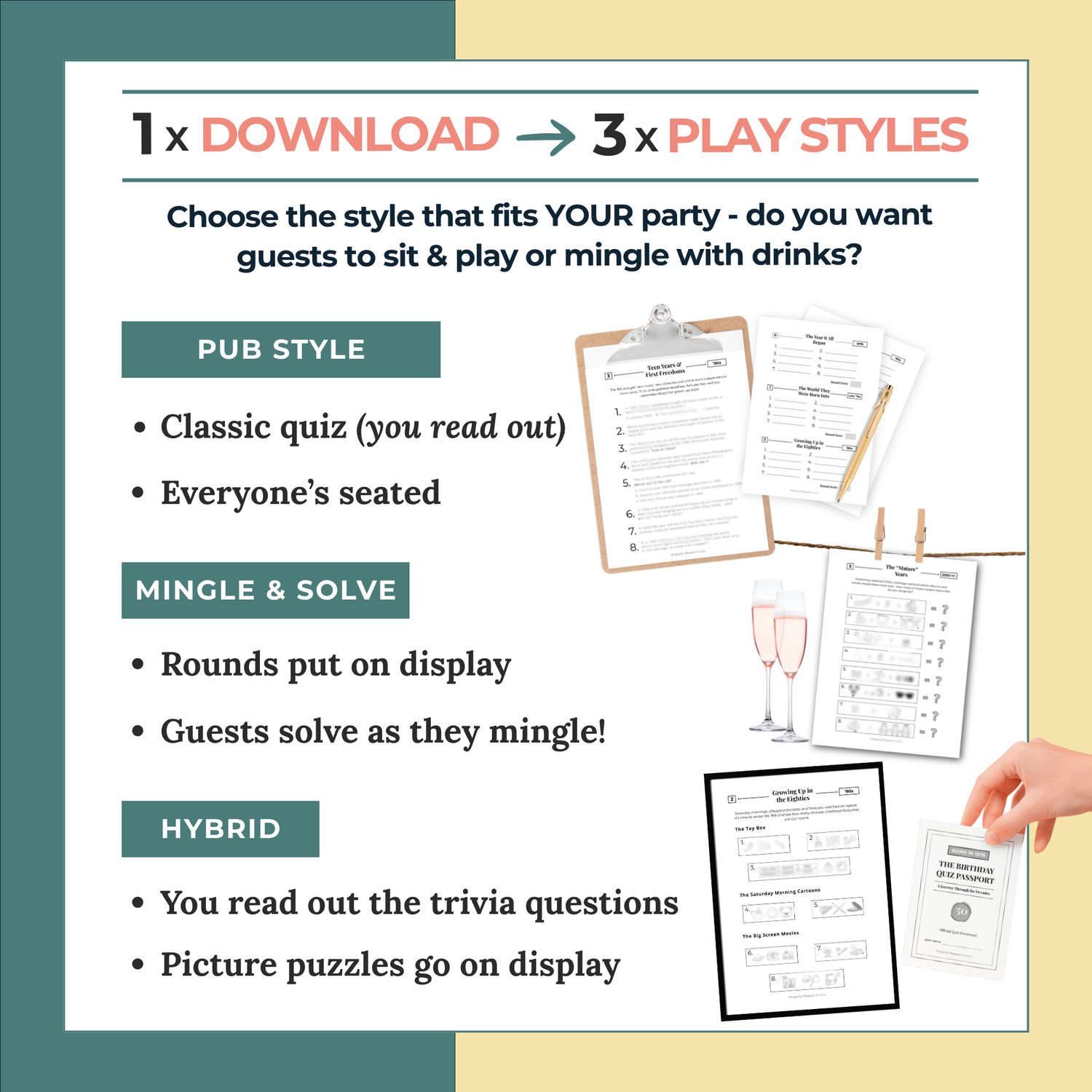 Green and yellow infographic explaining three play styles for the 1976 pub quiz printable. Text outlines instructions for traditional pub style where everyone is seated, mingle and solve style with rounds on display, or a hybrid party activity.