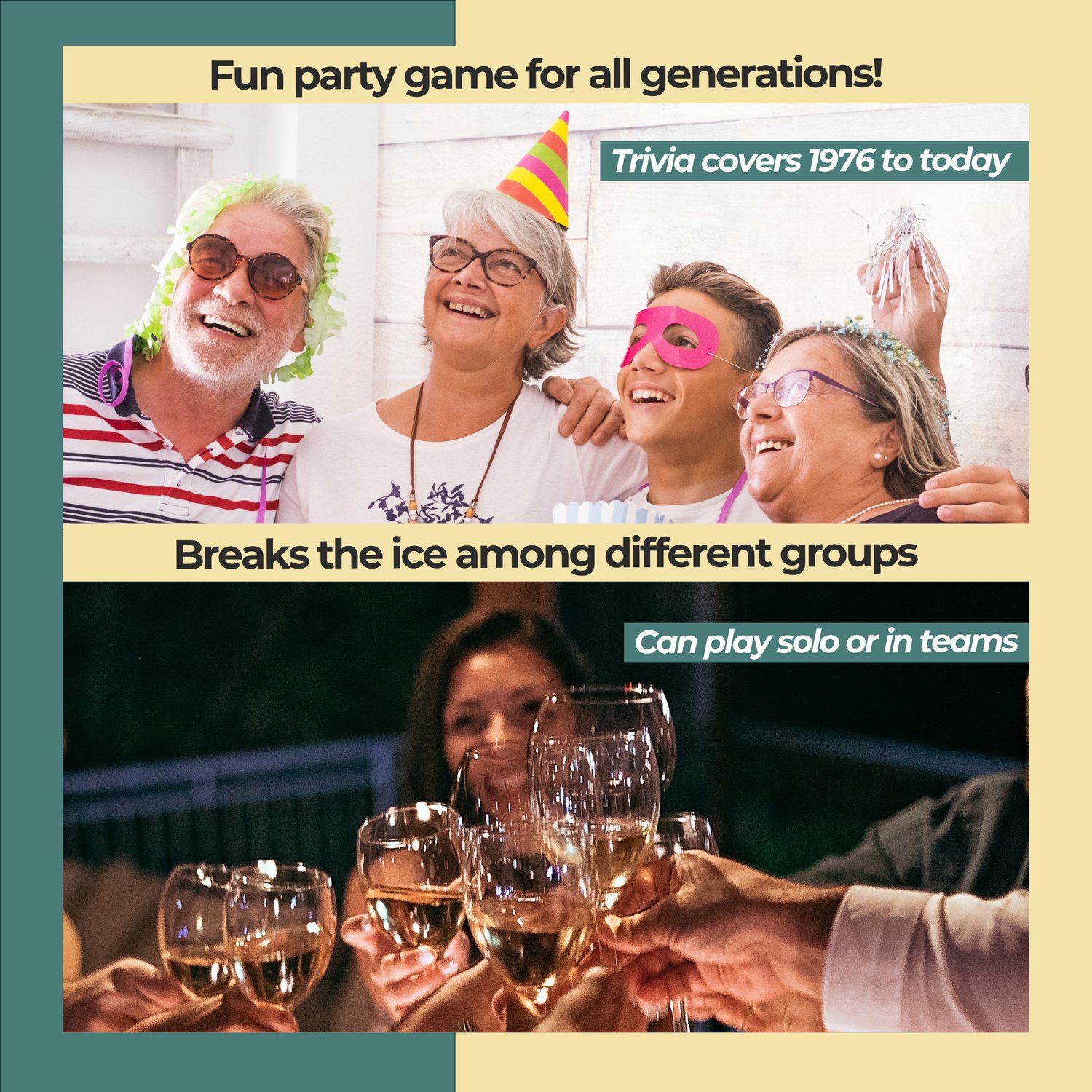 Split screen photo of a 1976 family quiz night. Top image shows multi generational family members laughing and wearing colorful party hats. Bottom image shows adult hands raising white wine glasses in a toast at a nostalgic 50th party game night