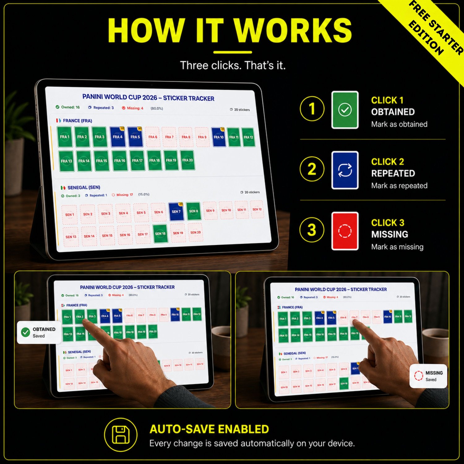 Three-click setup guide demonstrating how to mark owned and missing stickers in the offline World Cup 2026 tracker app.