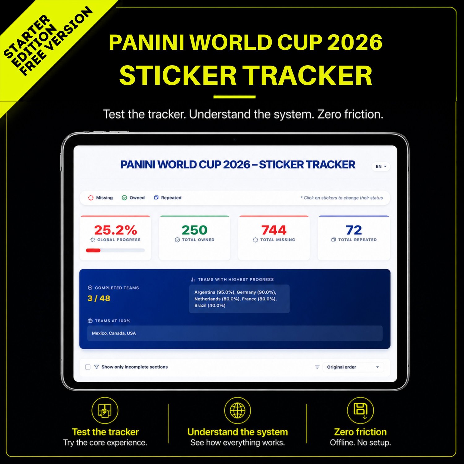 Main dashboard interface of the offline Panini World Cup 2026 Sticker Tracker Free Starter Edition app displayed on a tablet.