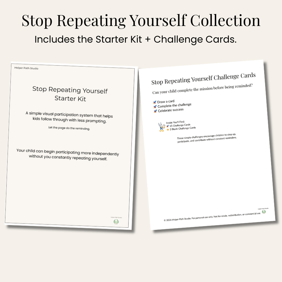Stop Repeating Yourself Collection featuring the Stop Repeating Yourself Starter Kit and Stop Repeating Yourself Challenge Cards for helping children build independence and participate with fewer reminders.