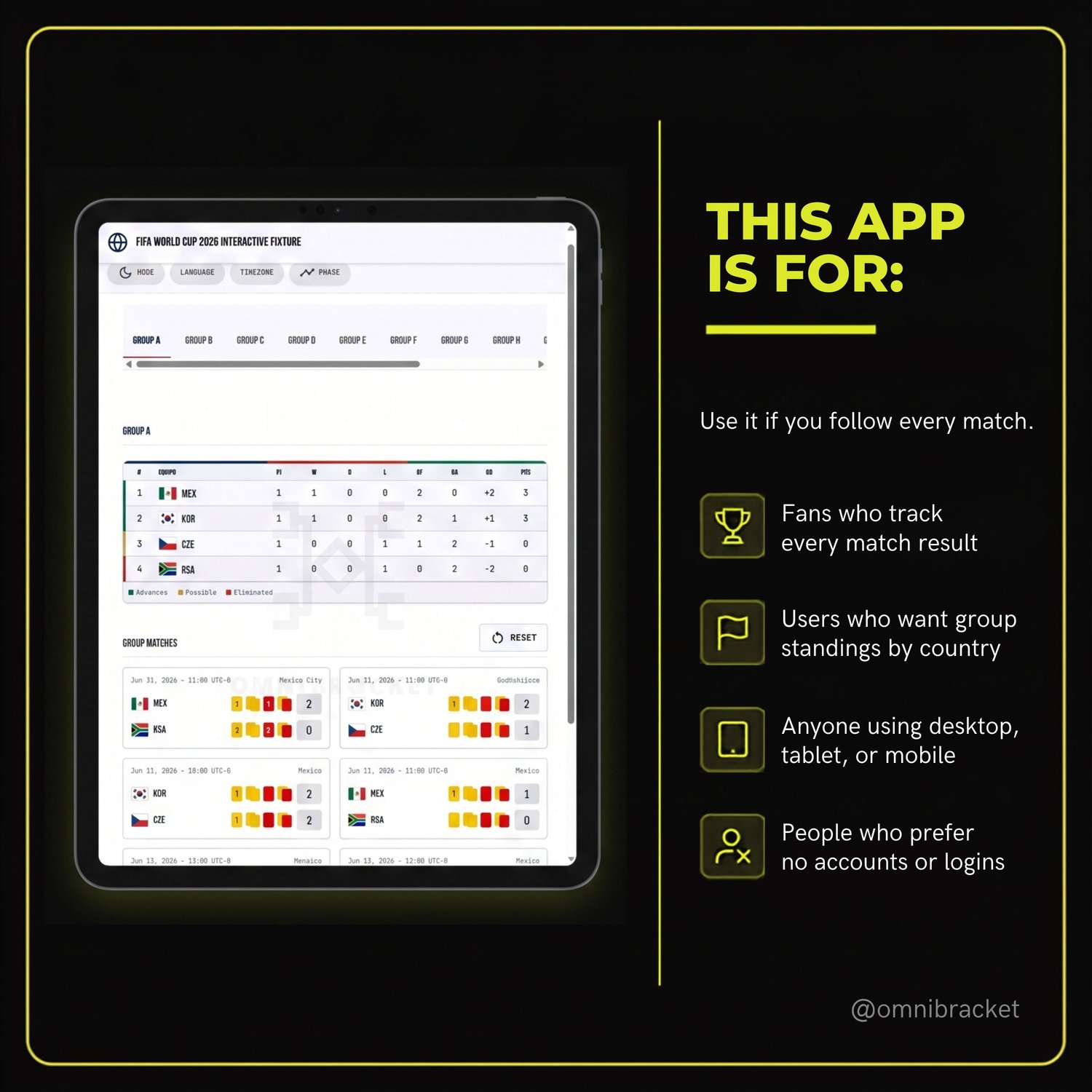 Image of a tablet showing details of the matches, results and statistical data of the groups; the title says who the tracker is for.
