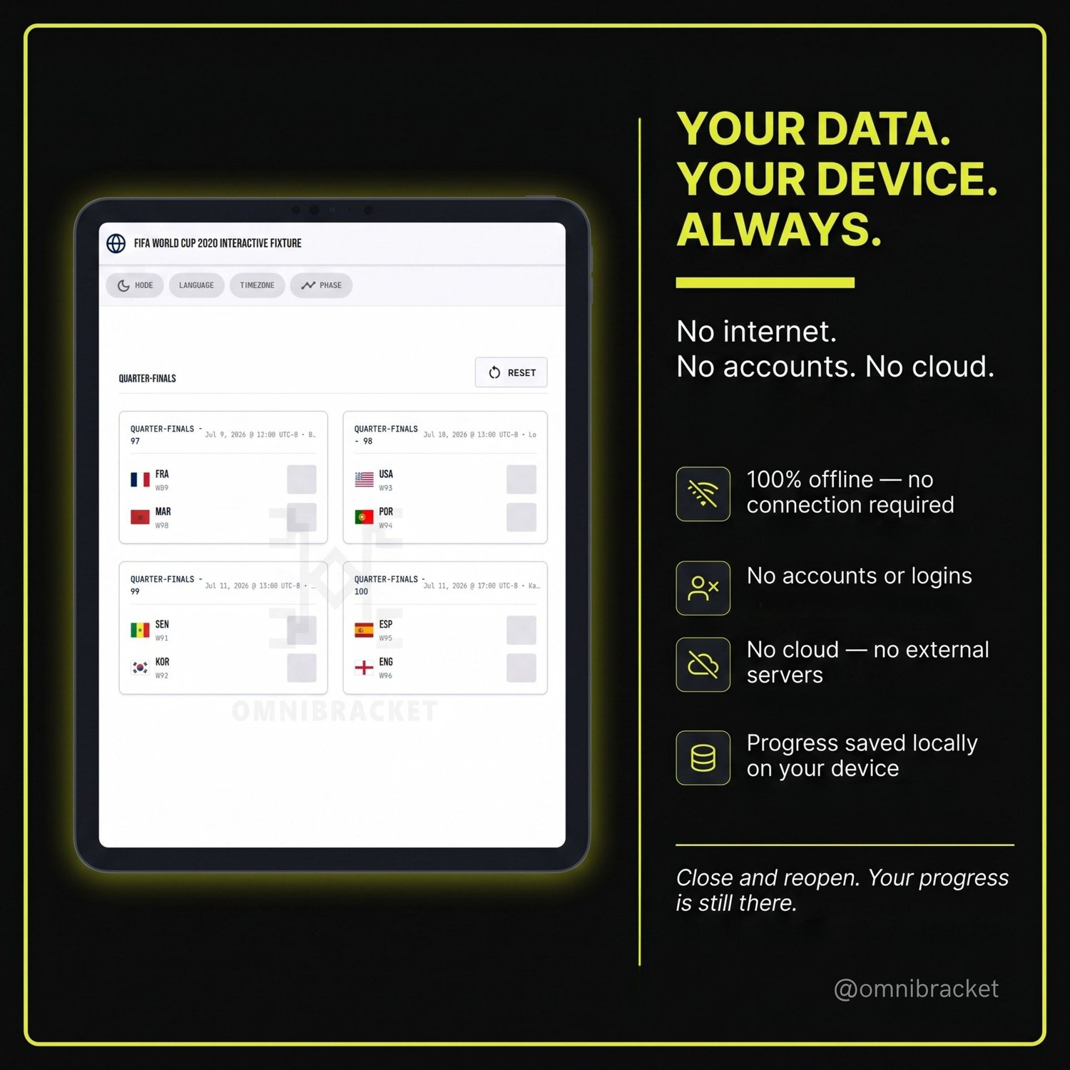 Tablet screen displaying the offline, private auto-save capabilities of the World Cup 2026 Smart Interactive Fixture.