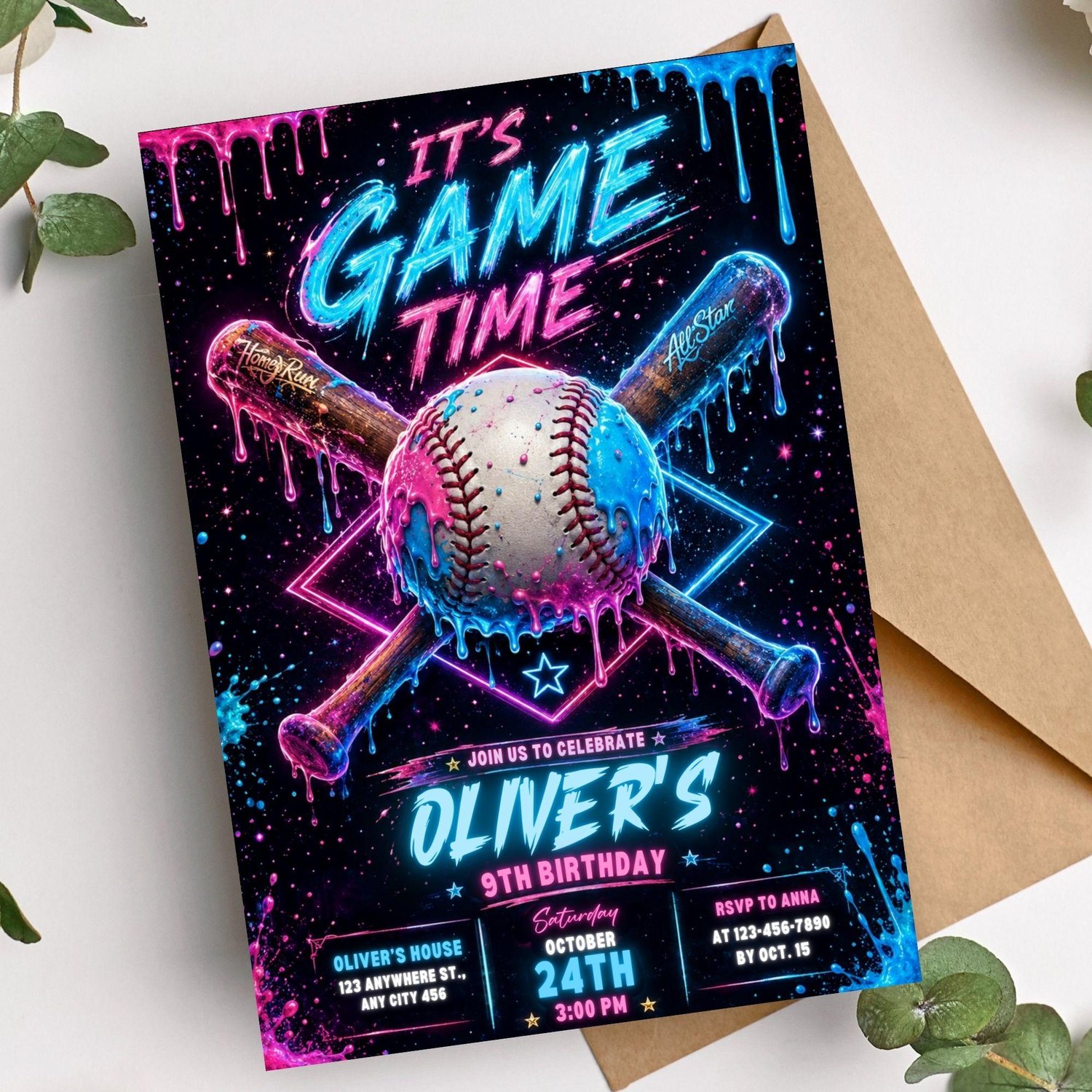 Printable baseball party invite template for boys, editable birthday invitation with instant download and customizable party details.