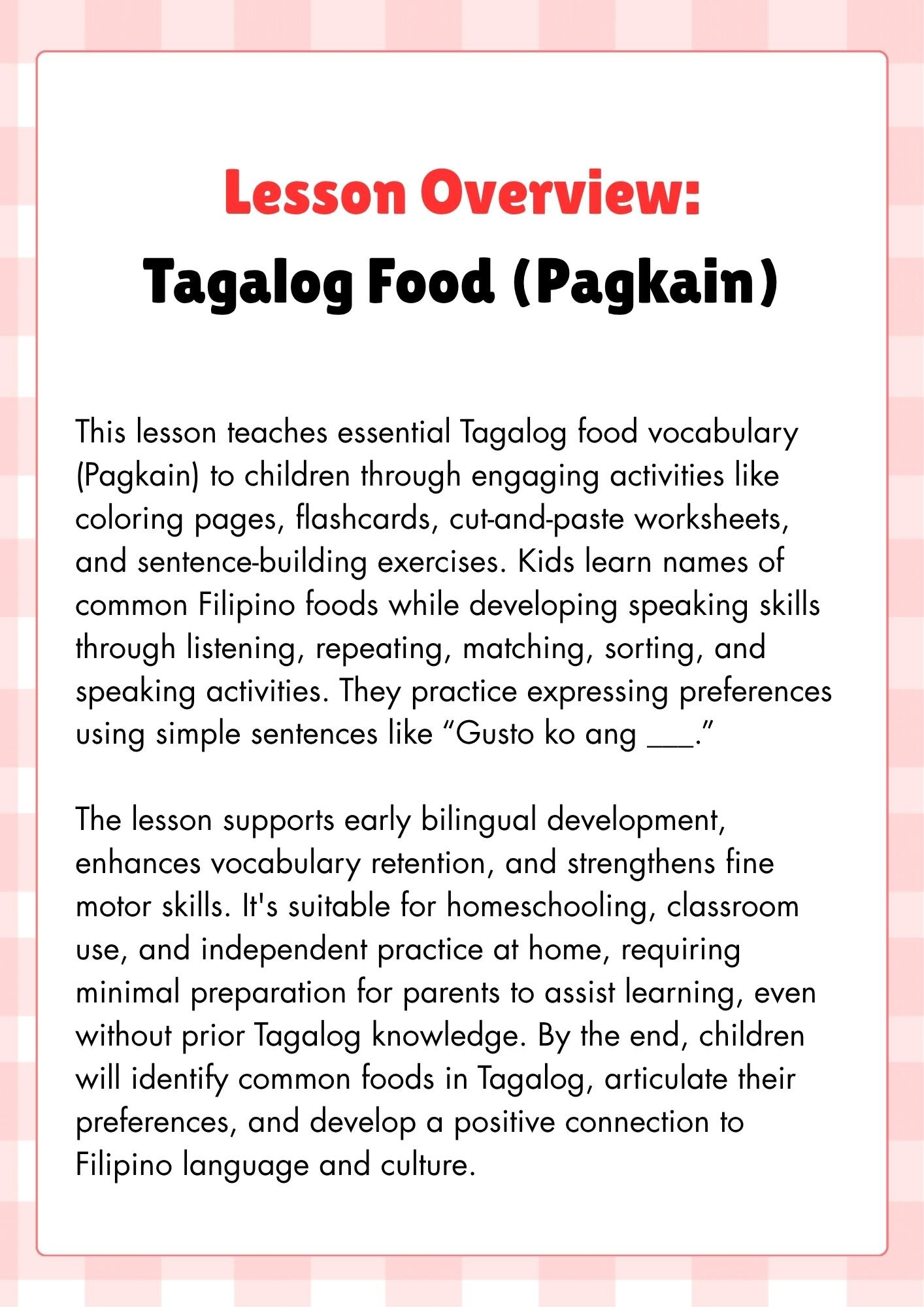 Filipino - Kids Pedagogical Activity - Tagalog Food Words