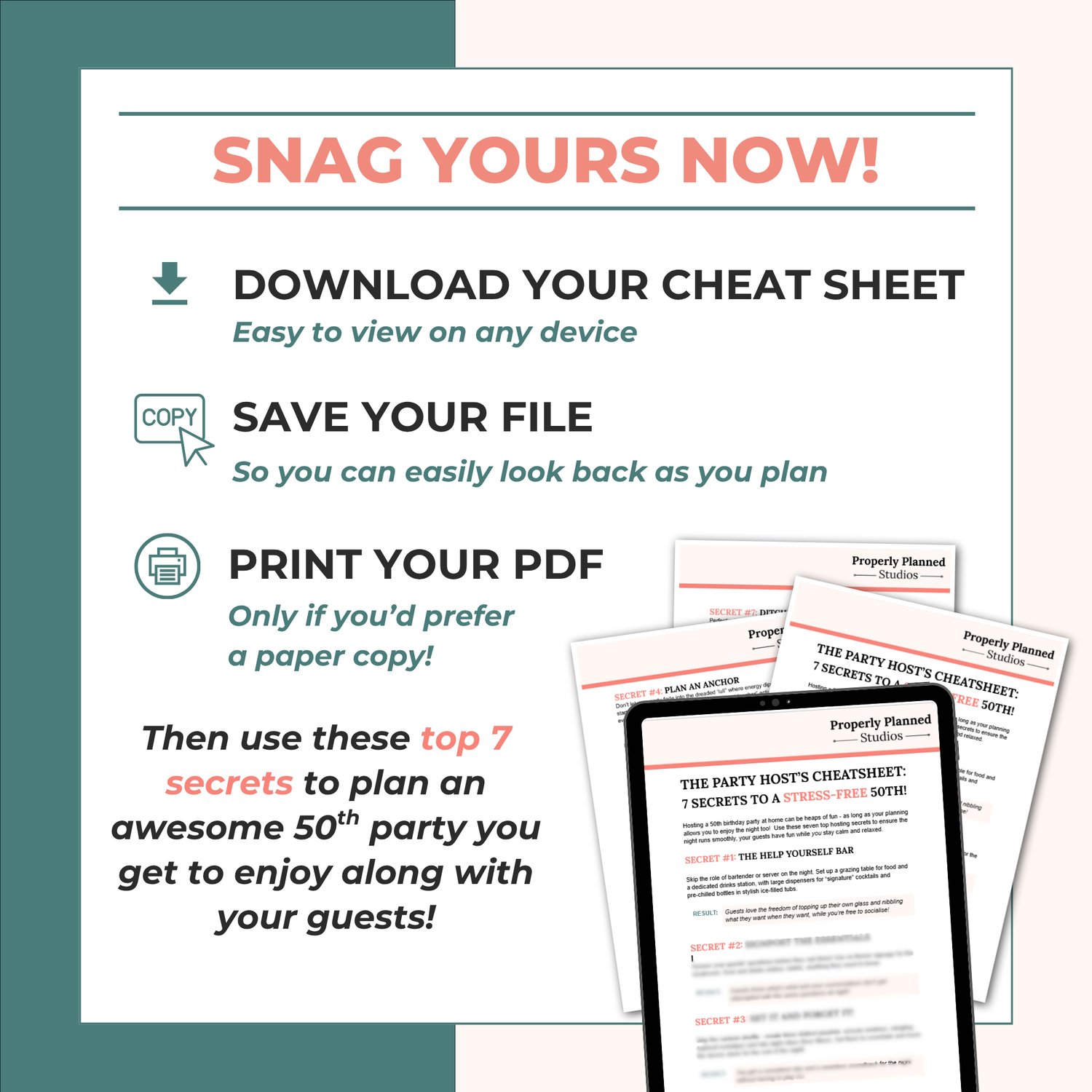 50th birthday party planning tips checklist highlighting benefits like avoiding party lulls, party signage tips, and host advice.