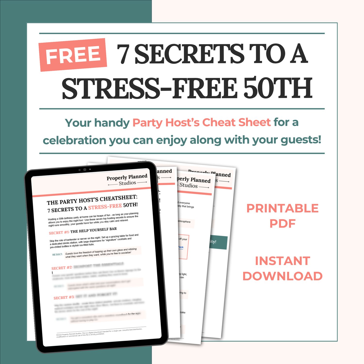 Free 7 Secrets to a Stress-Free 50th party host cheat sheet printable PDF download mockup displayed on a digital tablet screen