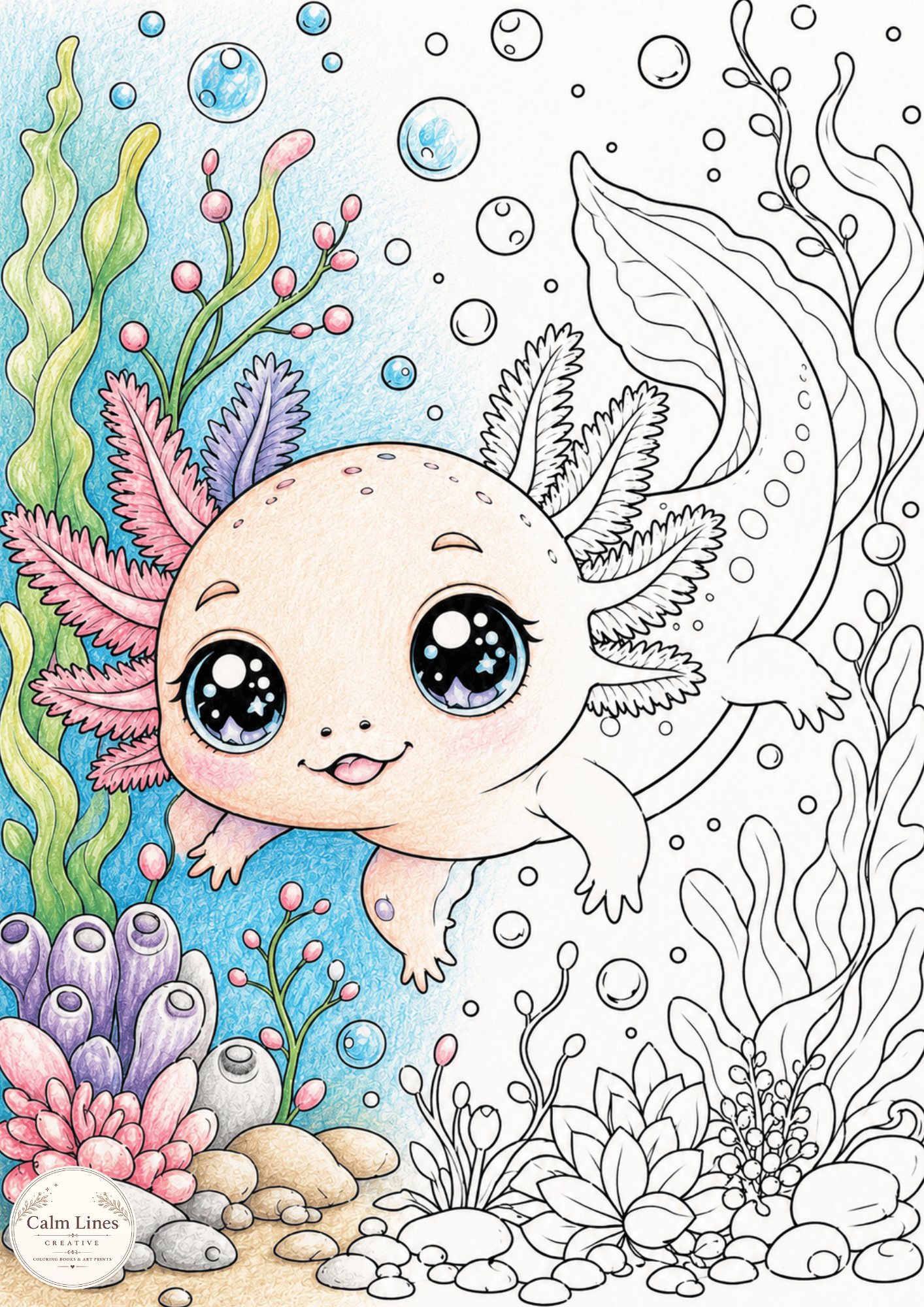Für dieses Bild:  Kawaii axolotl coloring page with an underwater scene, coral, sea plants and bubbles, partly colored in soft pastel shades.