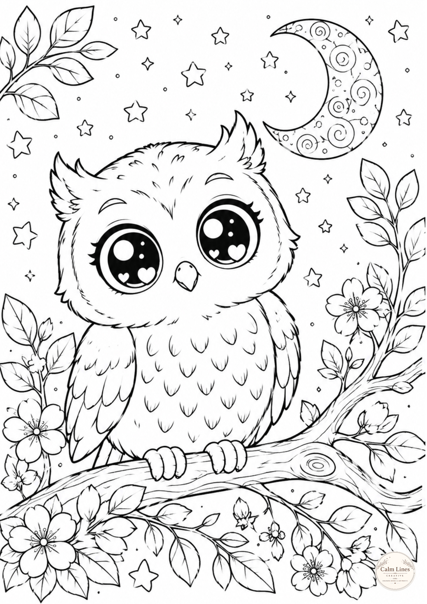 Cute kawaii owl coloring page sitting on a branch with flowers, leaves, stars and a crescent moon.
