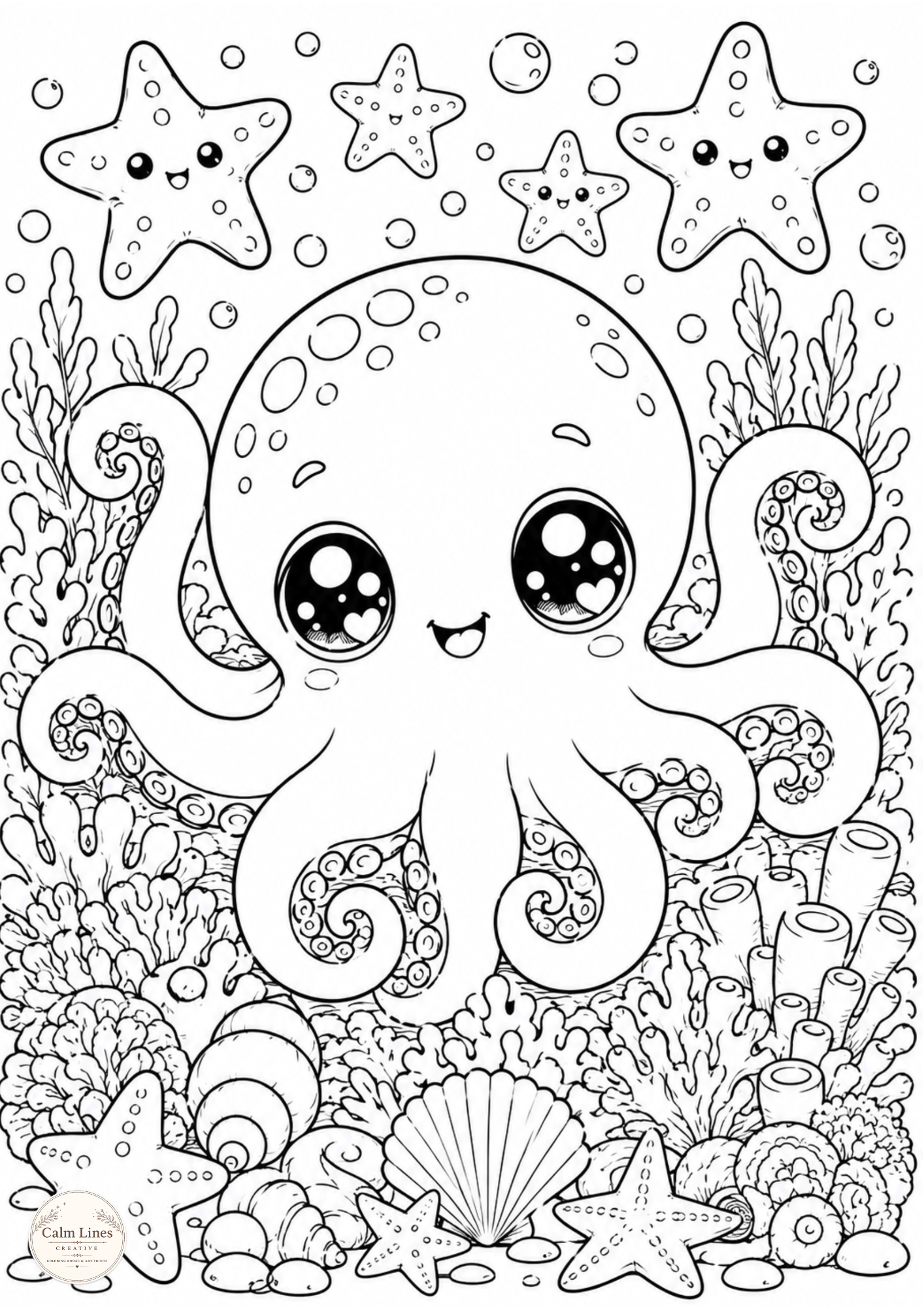 Cute kawaii octopus coloring page with smiling starfish, seashells, coral and underwater plants.