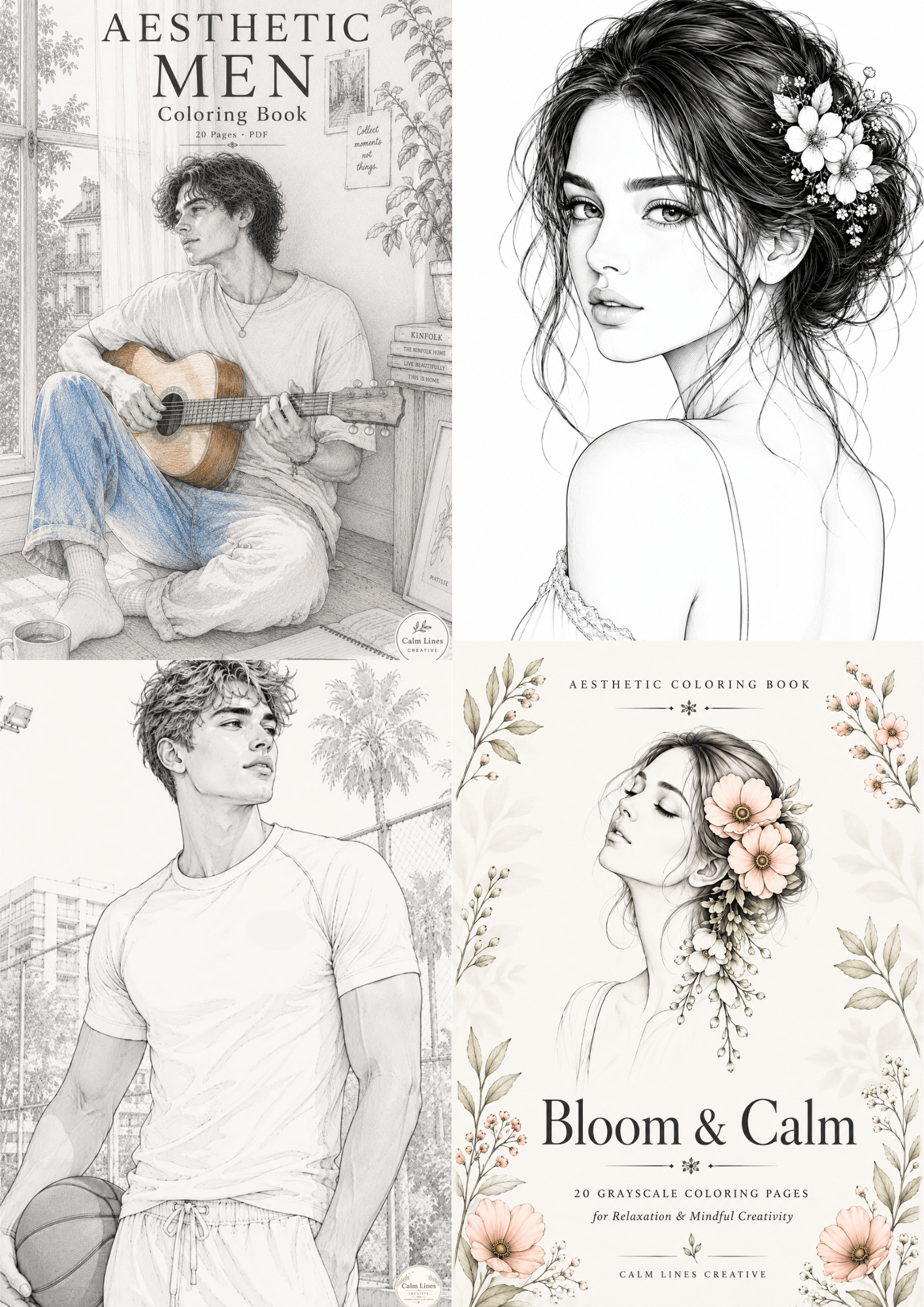 Aesthetic portrait coloring book bundle for adults with male grayscale portraits and floral female line art