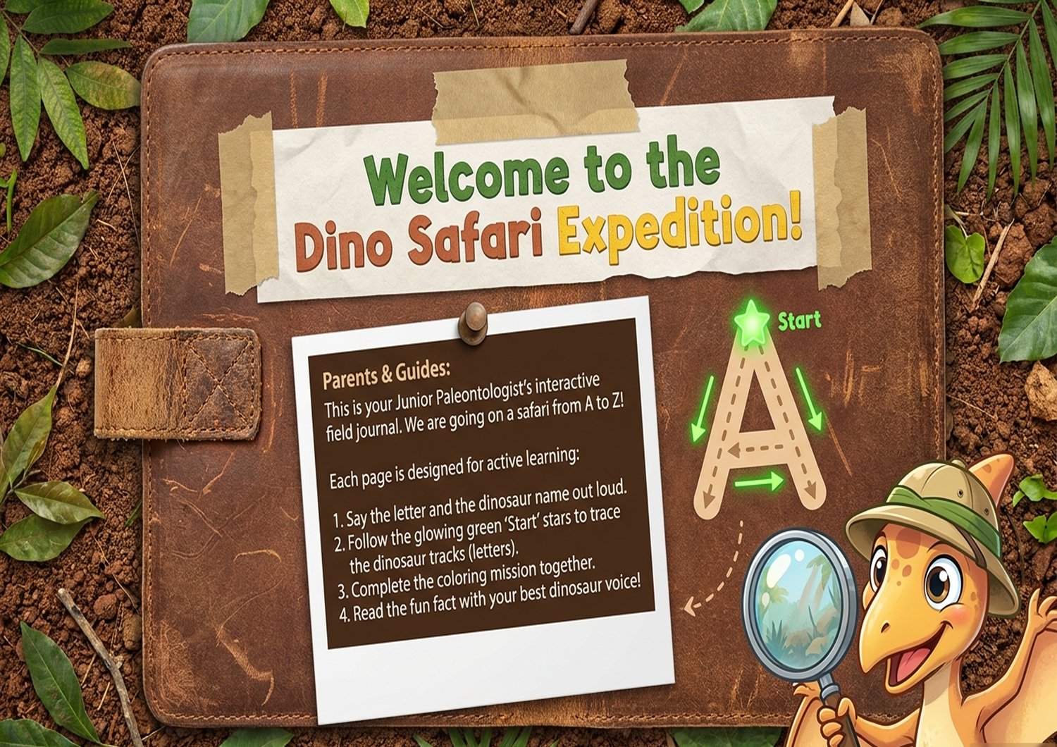Printable Dinosaur Alphabet Tracing Worksheets product cover featuring an interactive A-to-Z Safari Map, uppercase and lowercase letter tracing pages with a Stegosaurus and T-Rex, and a completion certificate. The graphic highlights features like fun dino