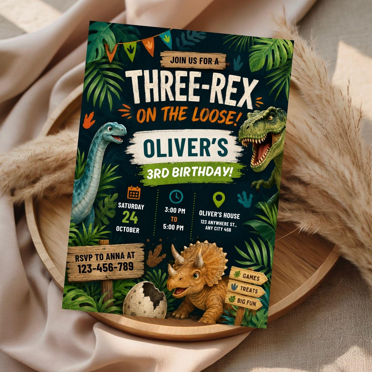 Printable Dinosaur Birthday Invitation Template, Instant Download Party Invite for 3rd Birthday Celebration