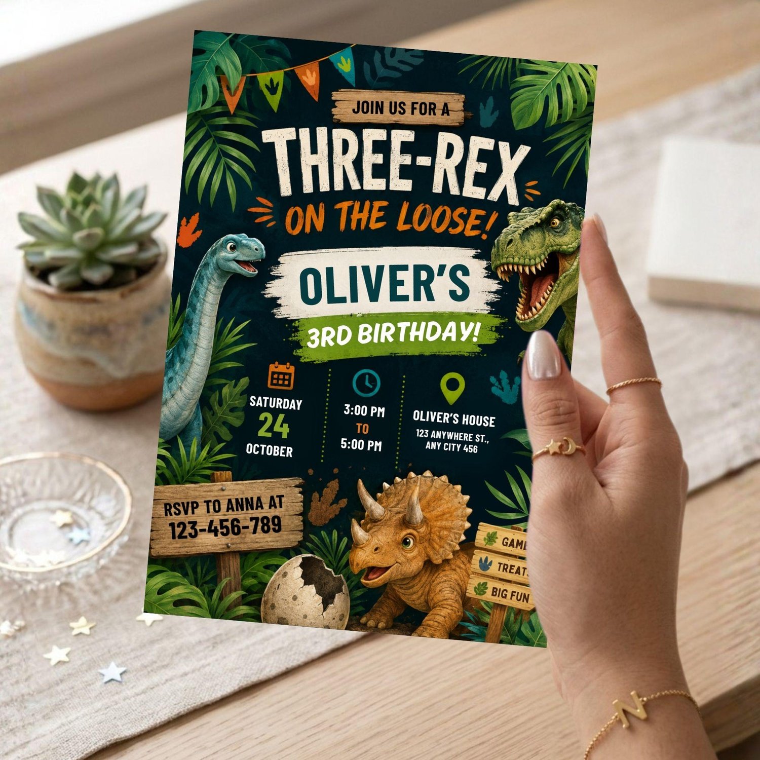 Editable Dinosaur Birthday Invitation Template in Canva, Customize Text, Colors and Party Details Instantly