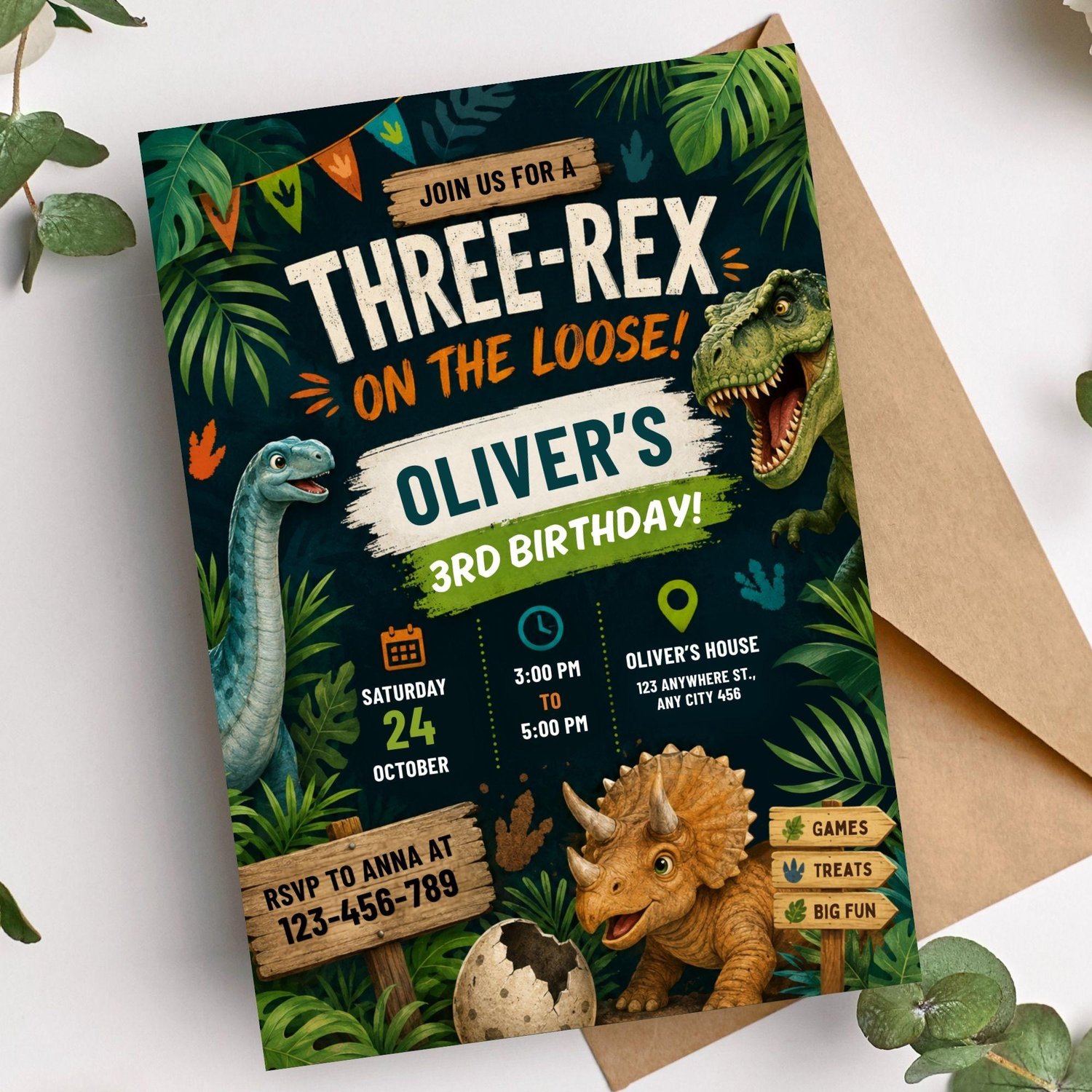 Three Rex Dinosaur Birthday Invitation with T-Rex Theme, Personalized 3rd Birthday Party Invite Template