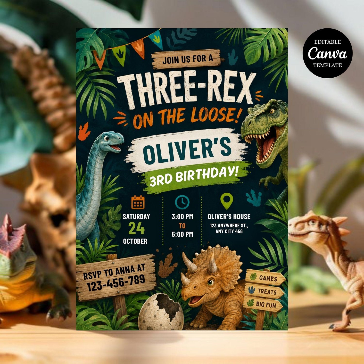 Editable Three Rex Dinosaur 3rd Birthday Invitation Template for Boys, Printable T-Rex Birthday Party Invite, Canva Editable Instant Download