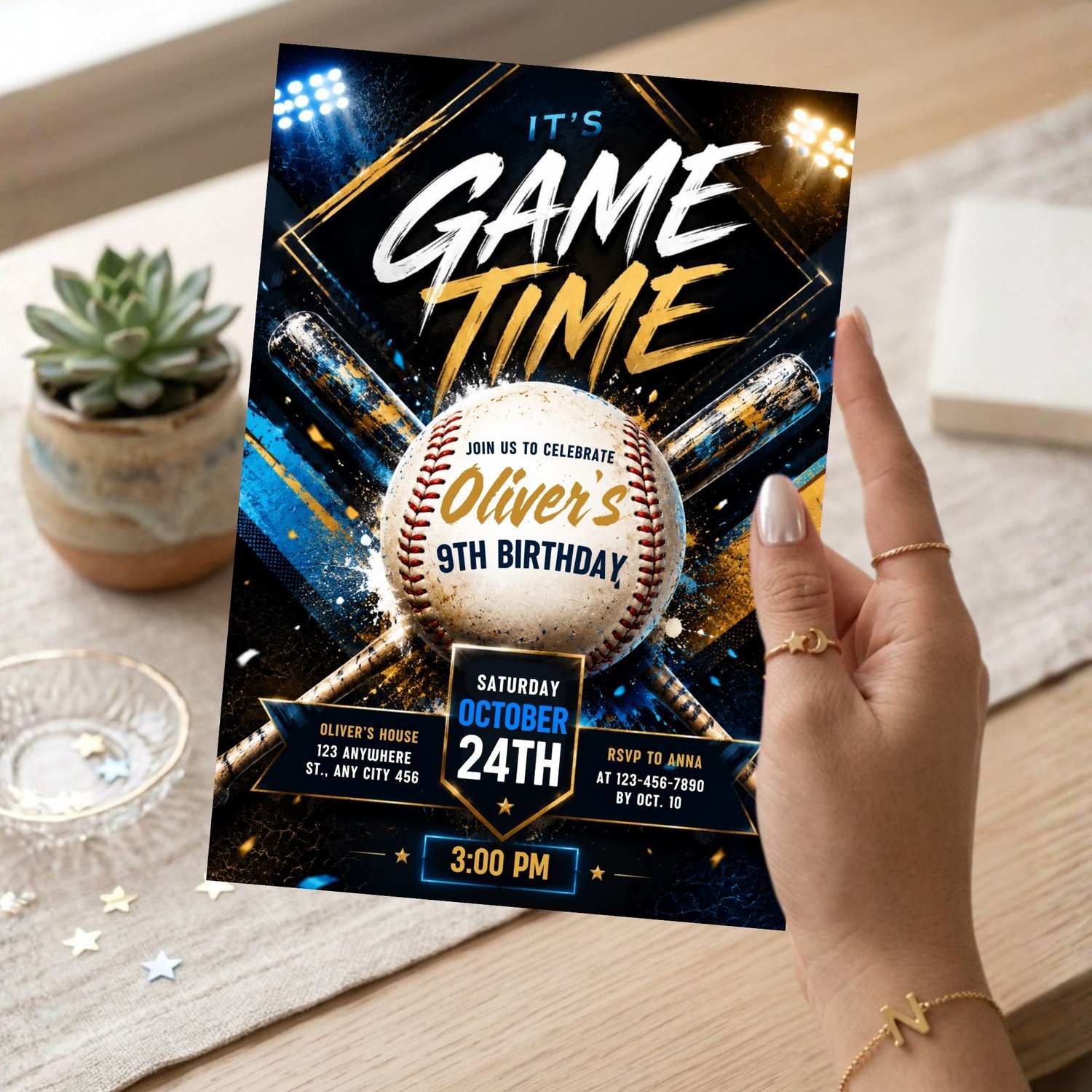 Baseball party invitation Canva template with editable text and printable birthday party design