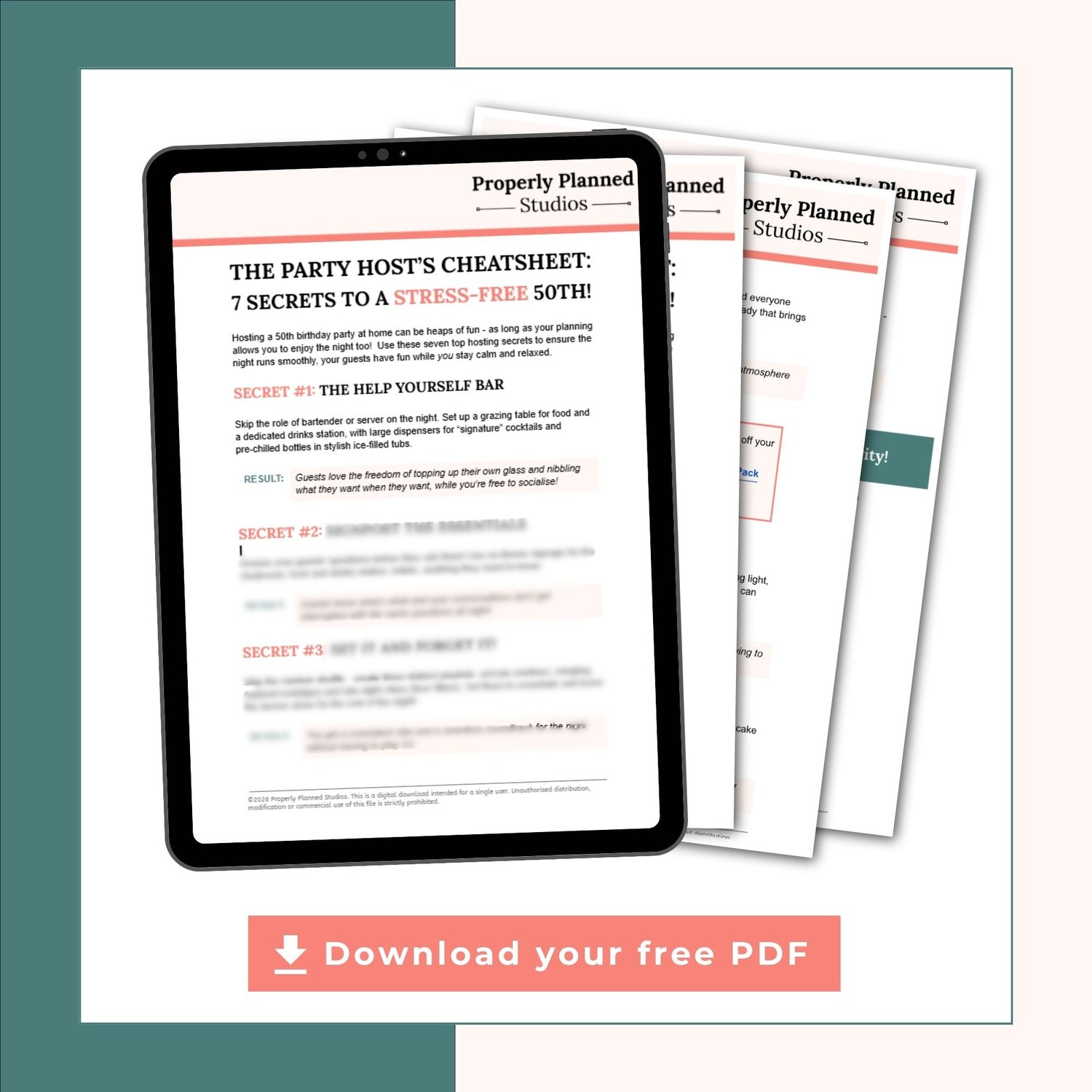 A digital mockup of a tablet displaying a printable cheat sheet titled "7 Secrets to a Stress-Free 50th" alongside a fan of matching printed guide pages, featuring a peach button at the bottom that reads "Download your free PDF"