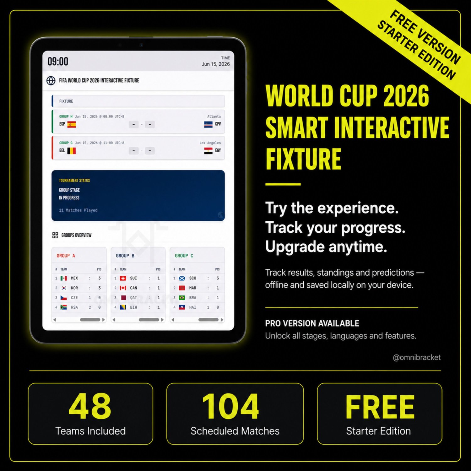 Main dashboard interface of the offline World Cup 2026 Smart Interactive Fixture Free Starter Edition displayed on a tablet.