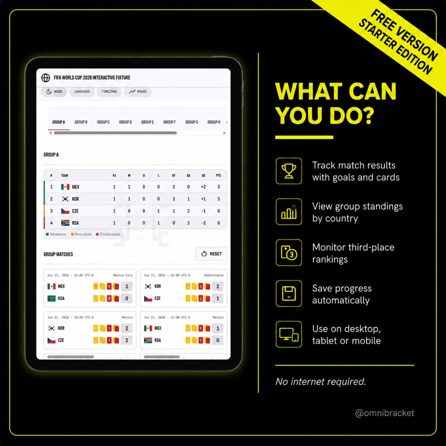 Tablet interface displaying automated group stage matches, results, and statistical data for the World Cup 2026 offline tracker app.