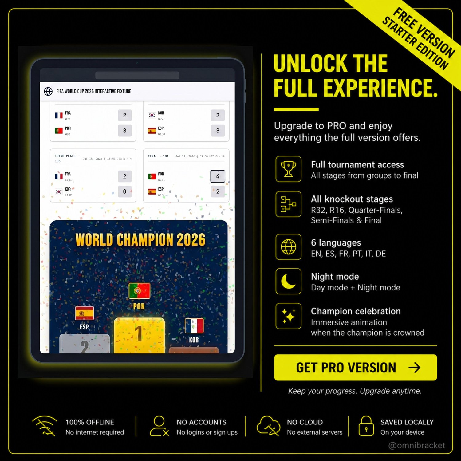 Premium features and benefits of upgrading to the full PRO version of the World Cup 2026 interactive fixture, unlocking all knockout stages and multi-language support.