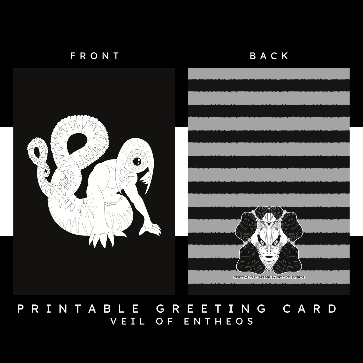 A printable greeting card by Veil of Entheos that features a monster with a giant eye as a head, and a long tail.