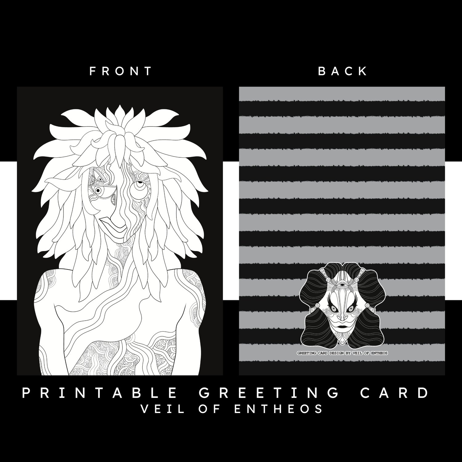 A printable greeting card by Veil of Entheos that features a humanoid creature with multiple eyes, long hair, and body horror elements.