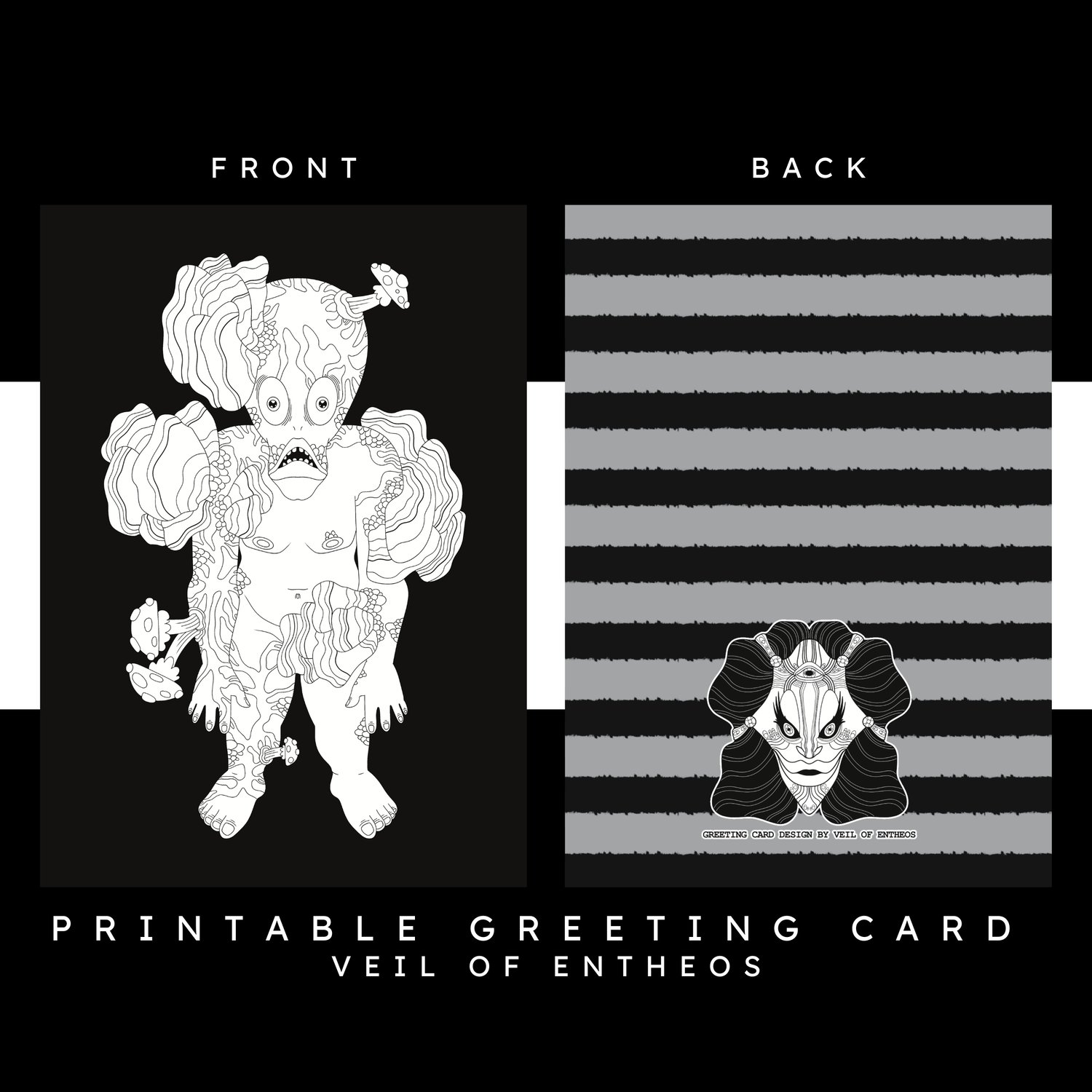 A printable greeting card by Veil of Entheos that features a humanoid monster, that has fungus and mushrooms growing from its body.