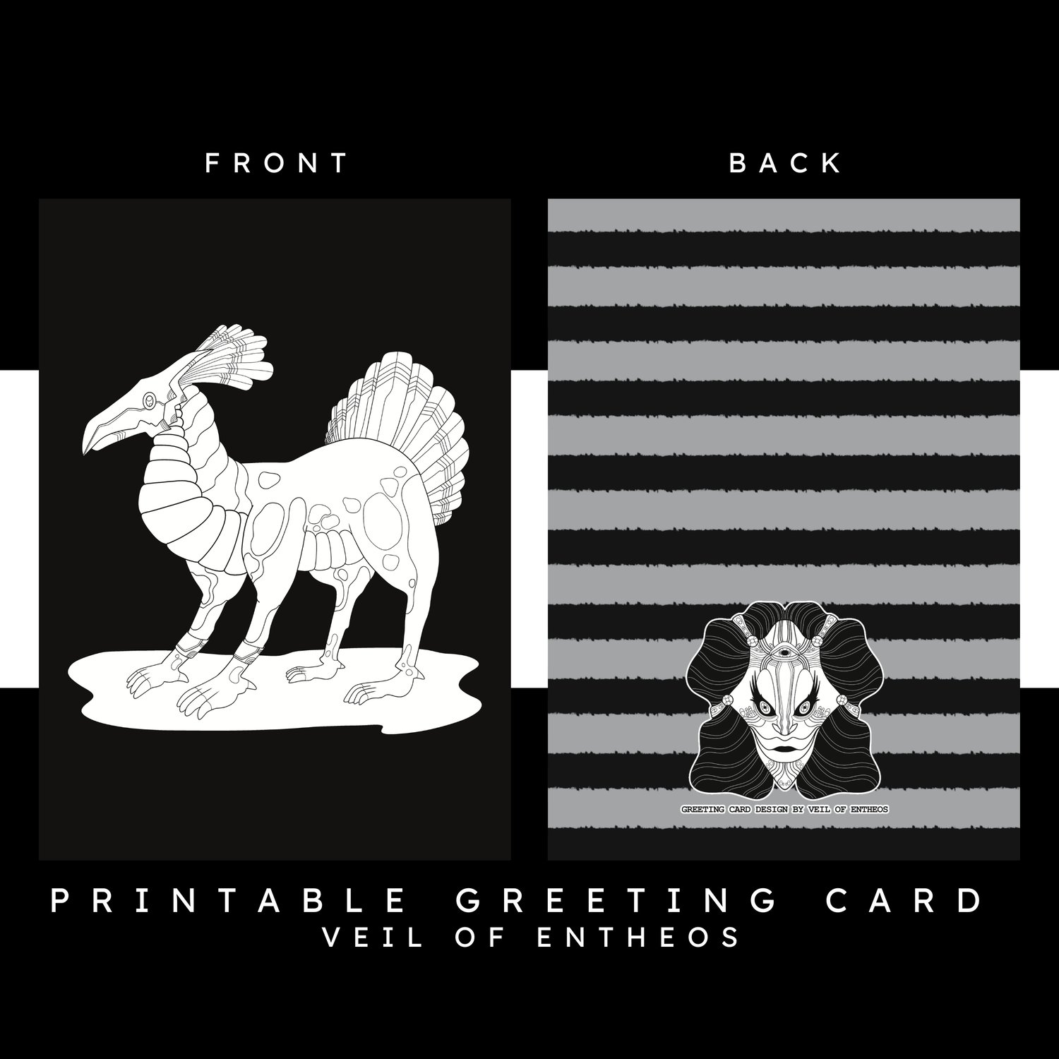 A printable greeting card by Veil of Entheos that features a monster with four legs, bird facial features, and a metal mask and tail.