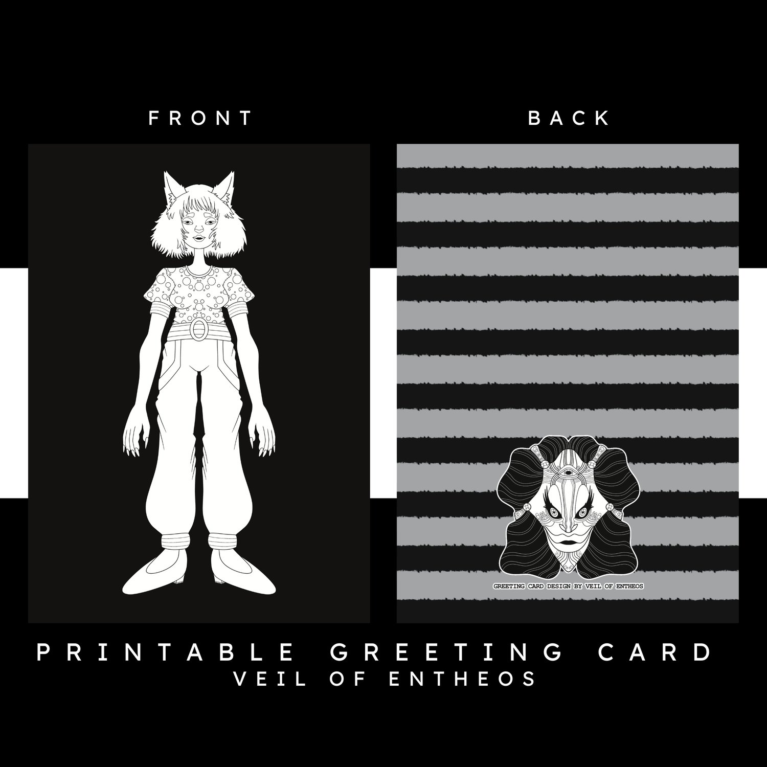 A printable greeting card by Veil of Entheos that features a anthro cat wearing a polkadot shirt and long pants.