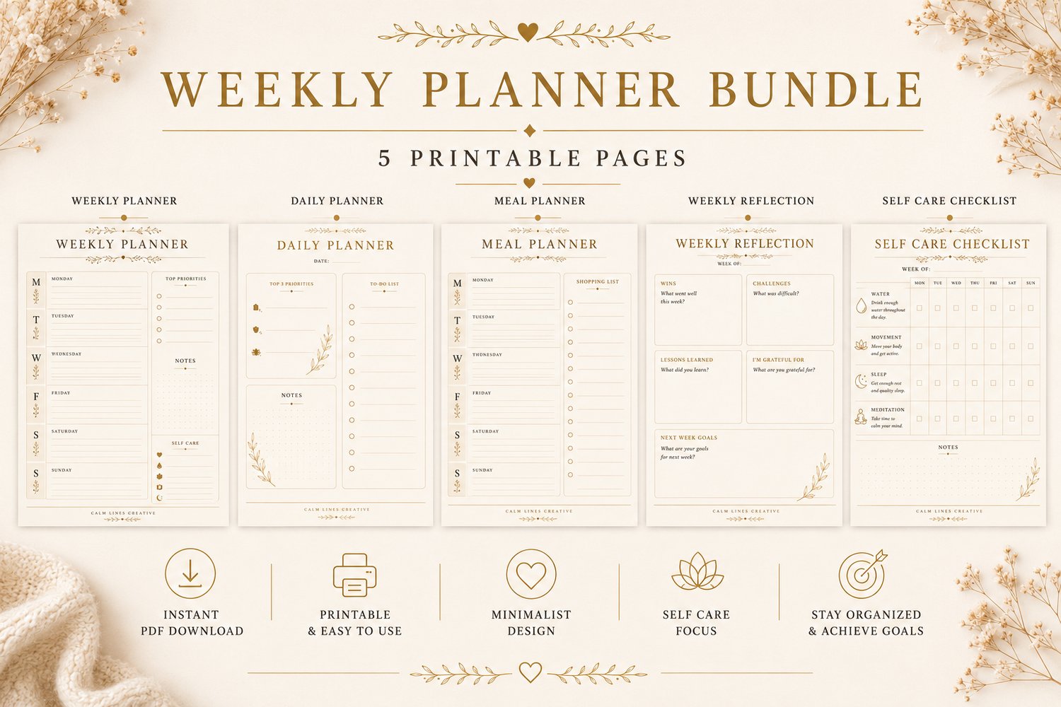Minimalist Weekly Planner Bundle preview with 5 printable planner pages in A4 PDF format.