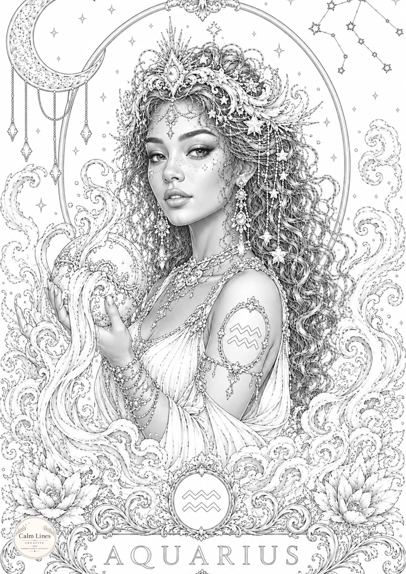 Black and white Aquarius zodiac coloring page featuring an elegant woman with flowing water, moon, stars, flowers and detailed fantasy line art.