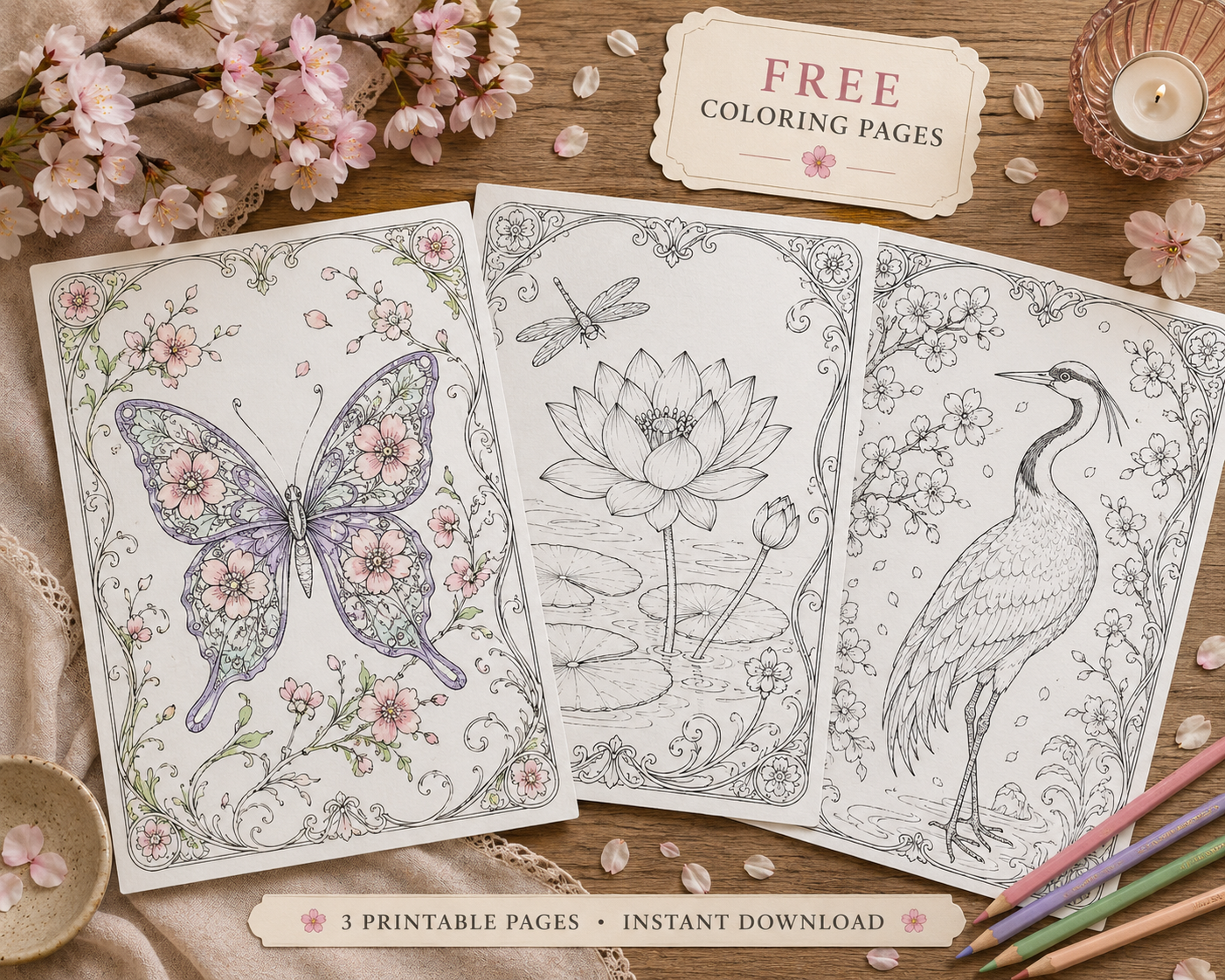 Free Sakura Dreams Coloring Book Sample is a printable PDF featuring a beautiful butterfly coloring page with delicate flowers, leaves and ornamental details. This free adult coloring page is perfect for relaxing creative time, stress relief, mindfulness