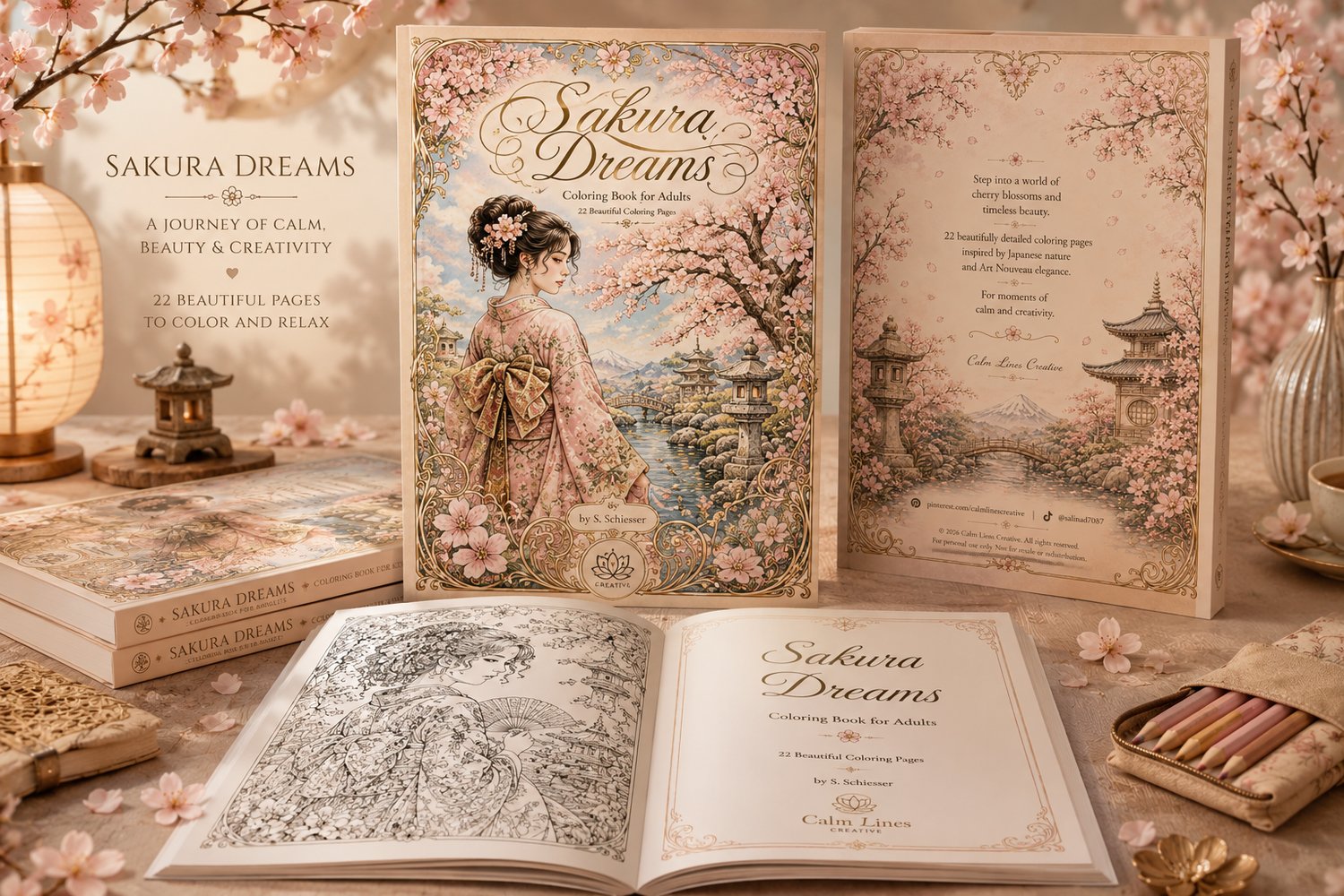 Sakura Dreams printable coloring book mockup with Japanese Art Nouveau illustrations in A4 PDF format.