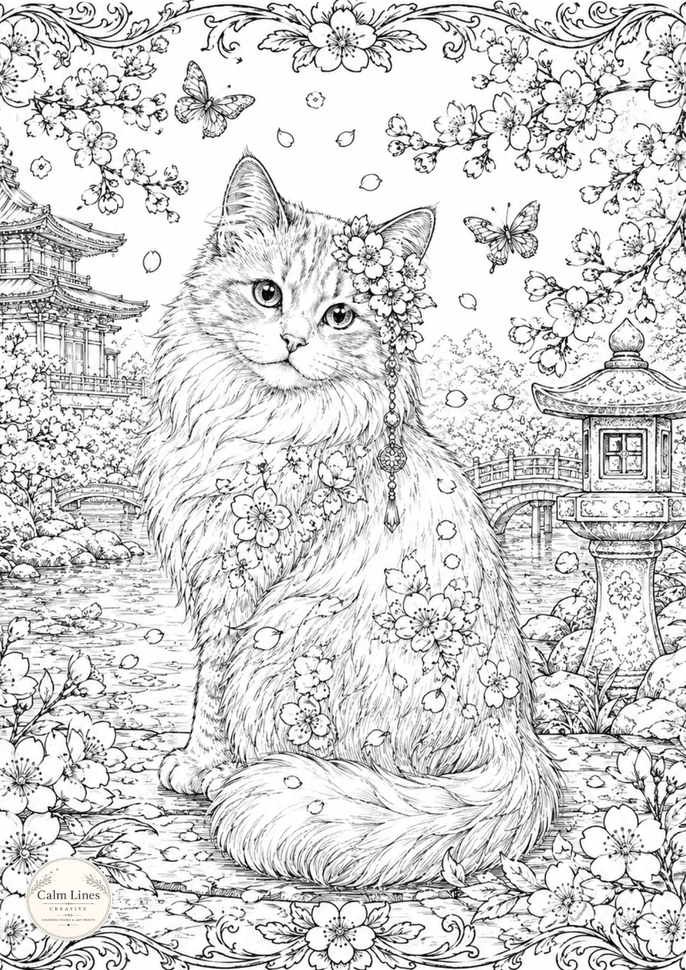 Intricate coloring page featuring a fluffy cat surrounded by cherry blossoms and a traditional Japanese garden.
