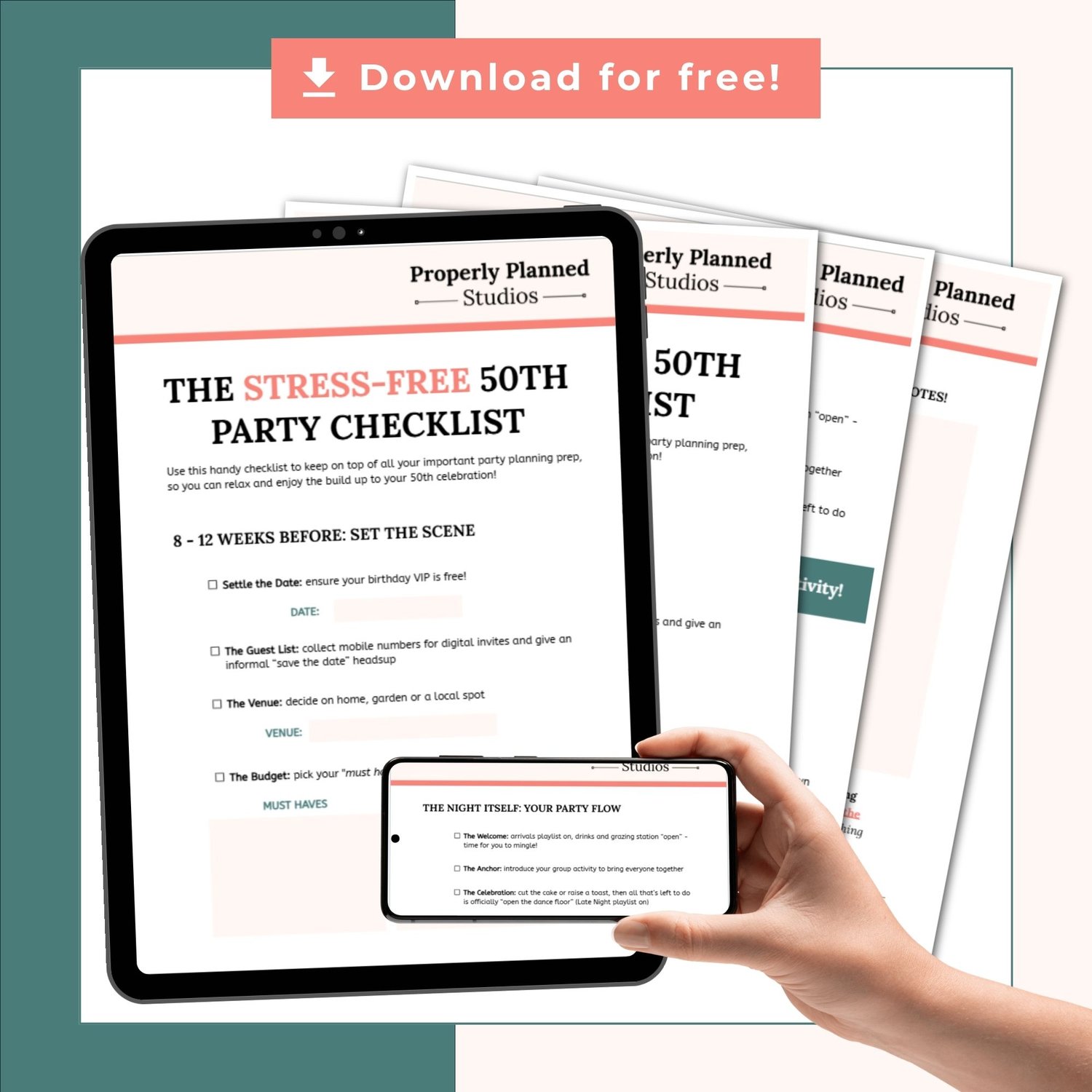 A digital product mockup promoting a free download on a teal and cream background. A black tablet displays "THE STRESS-FREE 50TH PARTY CHECKLIST" with editable text fields, while printed checklist pages fan out behind it. In the foreground, a hand holds a smartphone displaying the party flow section of the guide. A coral-coloured banner at the top reads "Download for free!"