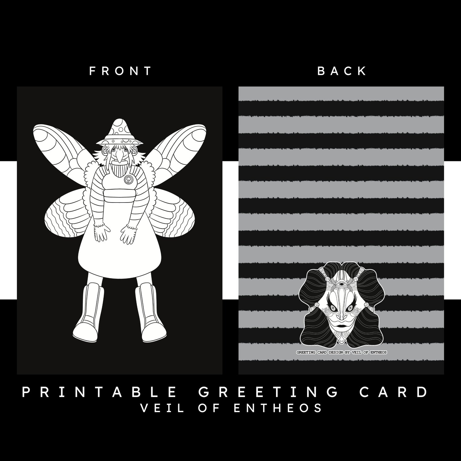 A printable greeting card by Veil of Entheos that features a fairy wearing a hat and dress and knee high boots.