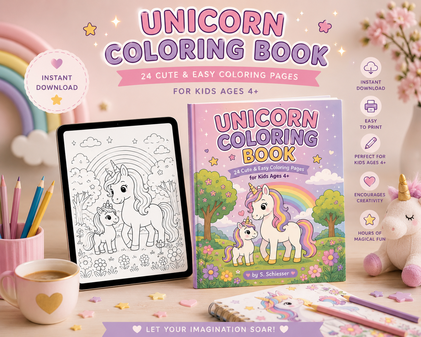Unicorn Magic Coloring Book for Kids cover and printable coloring book mockup with unicorn pages, colored pencils and pastel rainbow decorations.