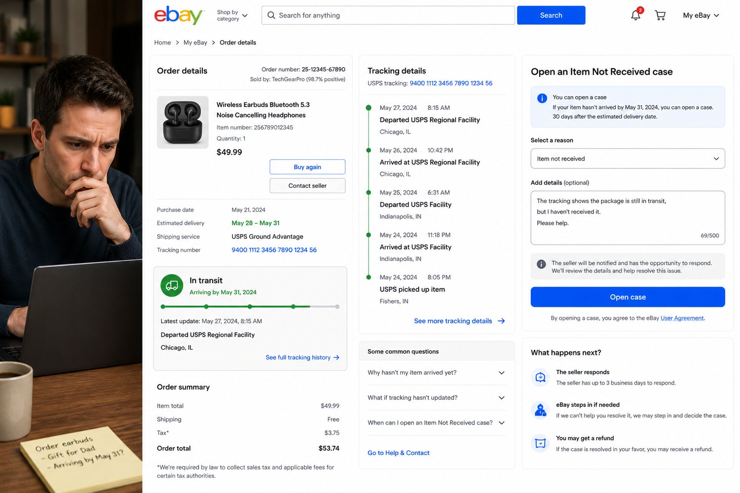 ecommerce customer checking delayed package tracking information