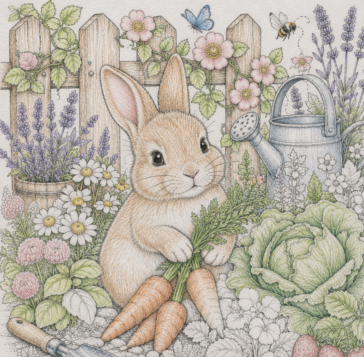 Colored rabbit with carrots and cabbage coloring page, cottage garden scene