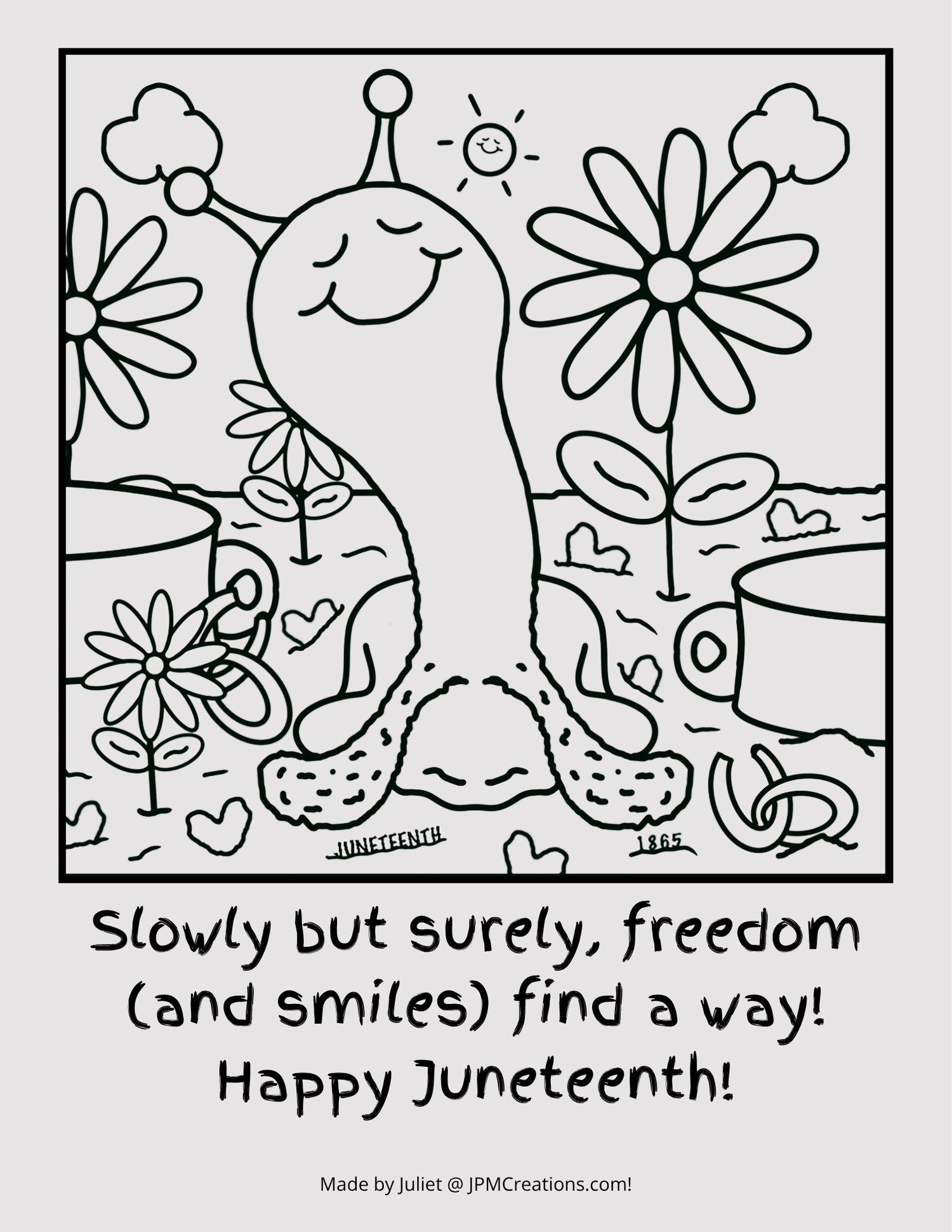 Cute Snail Juneteenth In The Garden Coloring Page (Old School Newsprint)